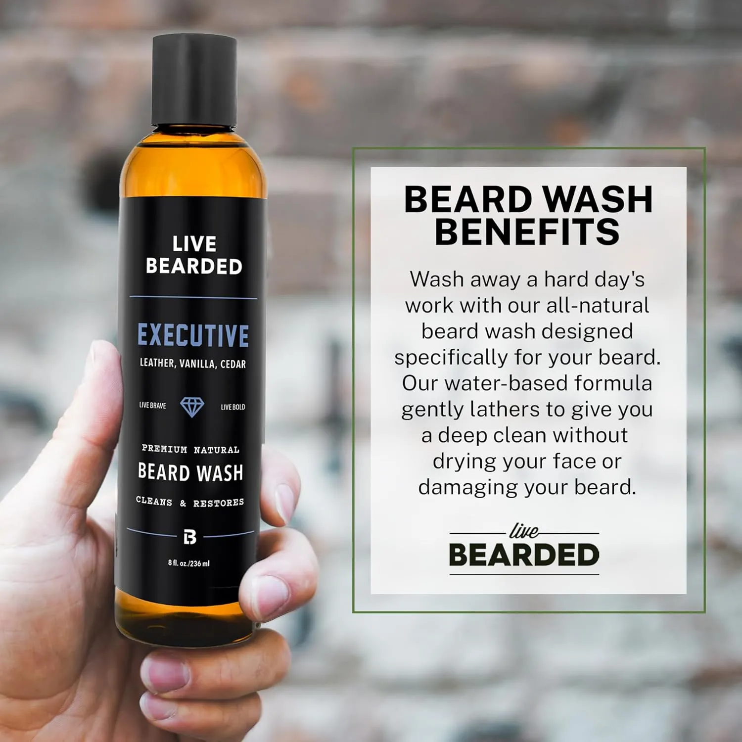 Live Bearded Beard Wash, 8 fl oz - Water-Based Face Cleanser with All-Natural Ingredients for a Gentle, Deep Clean - Made in the USA | Executive Scent - Cedar, Vanilla