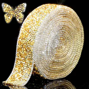 Locacrystal Bling Rhinestones Ribbon Self-Adhesive Iron on Resin Diamond Crystal Ribbon Wrap Roll DIY Rhinestone Stickers for Wedding Clothing Cars Crafts Dress Decoration(Gold White,1.18inch 3yard)