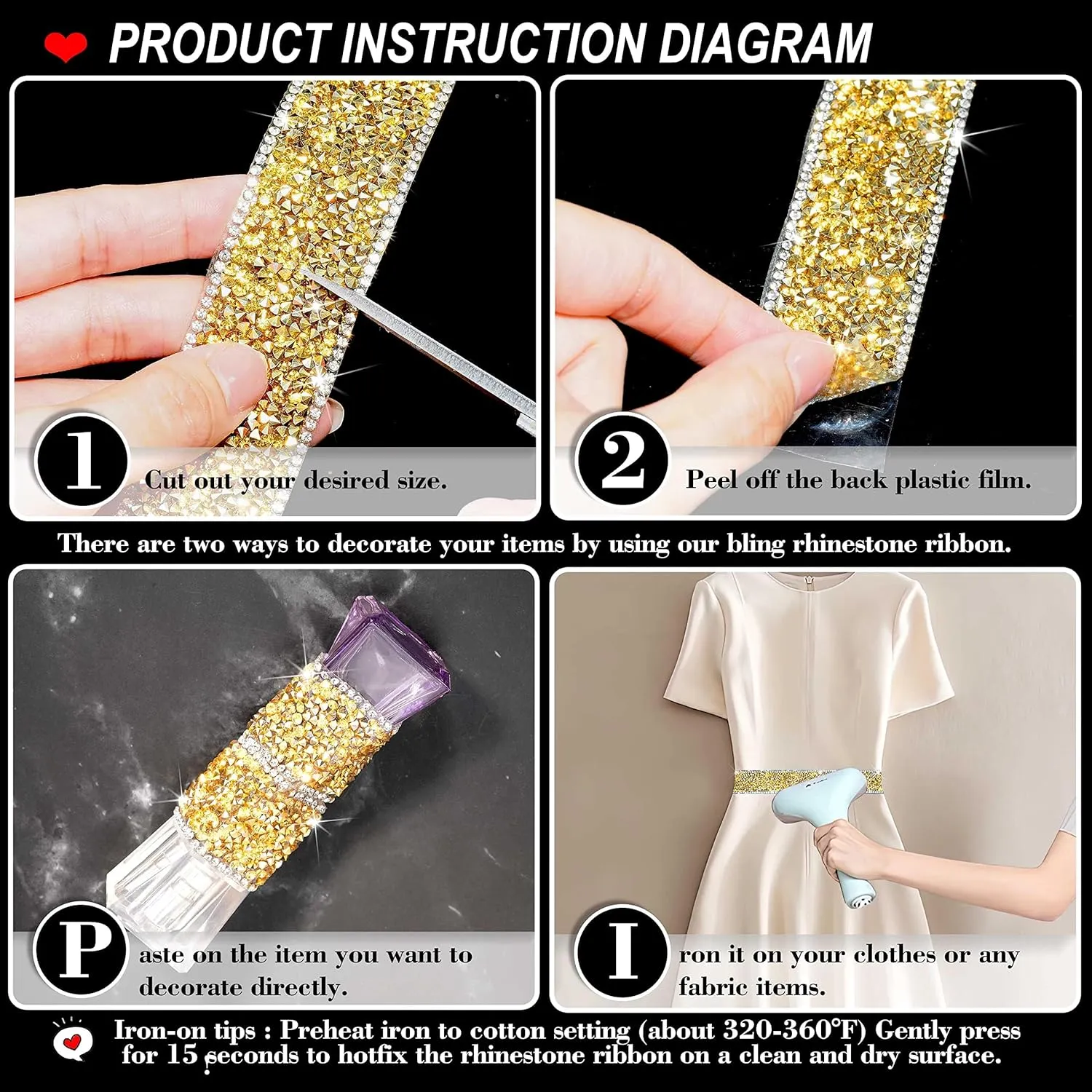 Locacrystal Bling Rhinestones Ribbon Self-Adhesive Iron on Resin Diamond Crystal Ribbon Wrap Roll DIY Rhinestone Stickers for Wedding Clothing Cars Crafts Dress Decoration(Gold White,1.18inch 3yard)