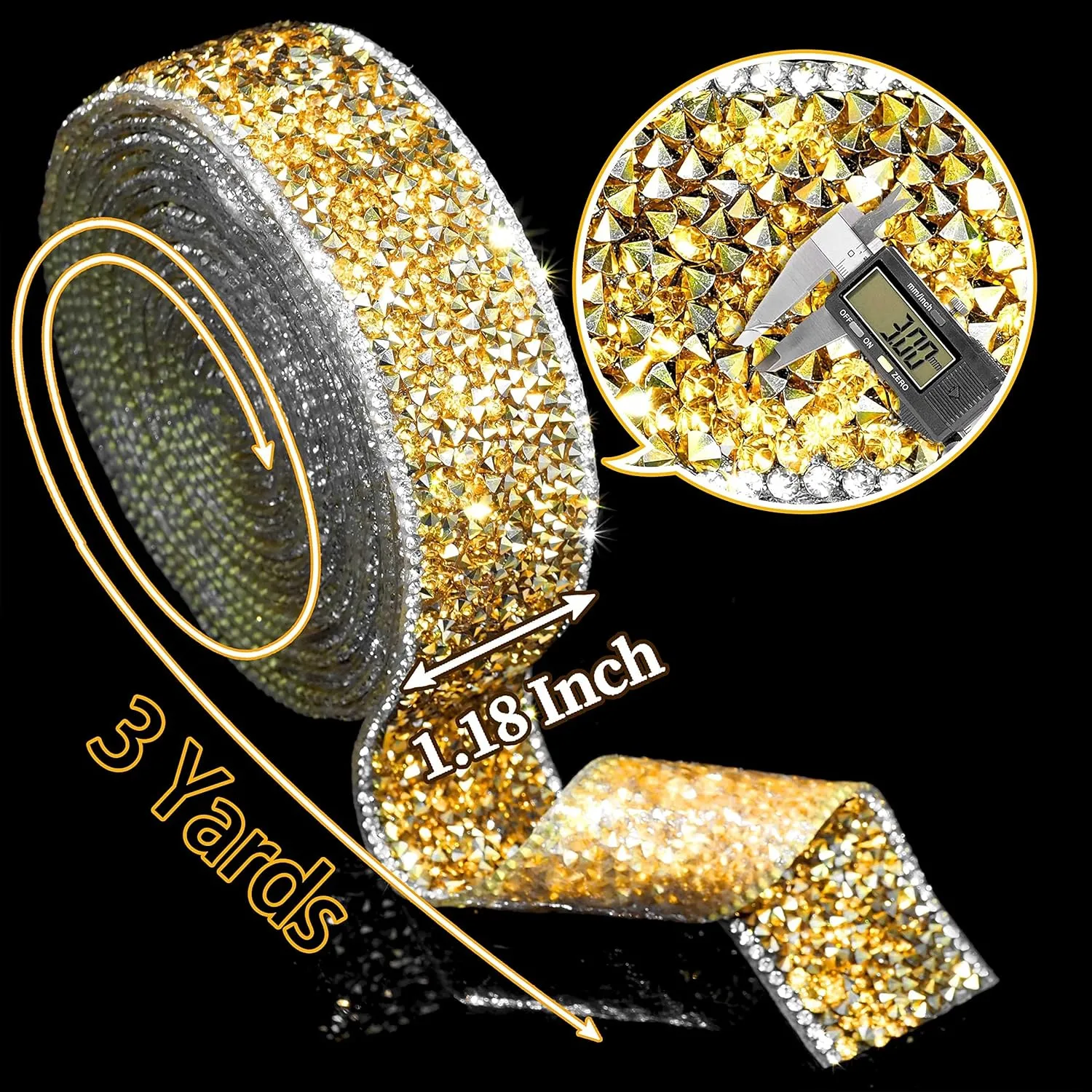 Locacrystal Bling Rhinestones Ribbon Self-Adhesive Iron on Resin Diamond Crystal Ribbon Wrap Roll DIY Rhinestone Stickers for Wedding Clothing Cars Crafts Dress Decoration(Gold White,1.18inch 3yard)
