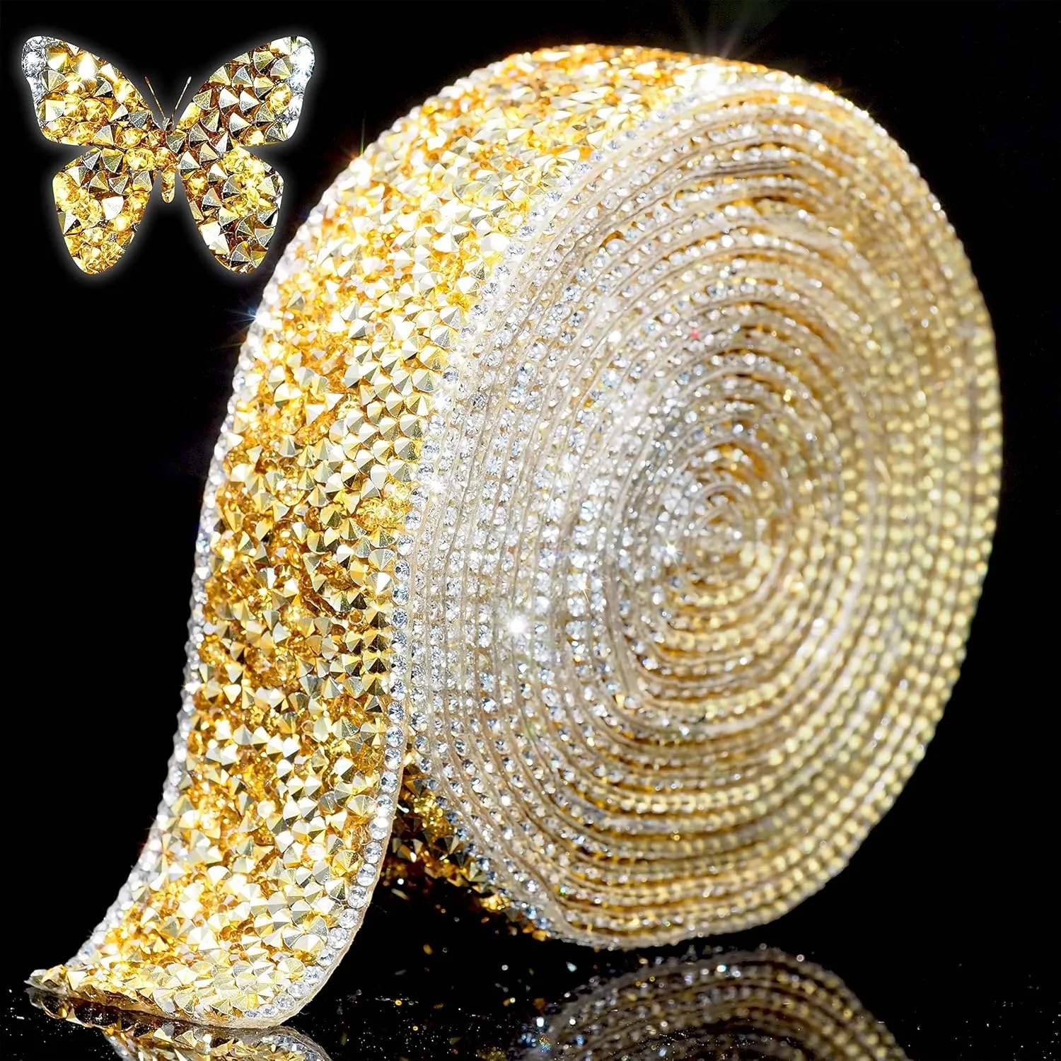Locacrystal Bling Rhinestones Ribbon Self-Adhesive Iron on Resin Diamond Crystal Ribbon Wrap Roll DIY Rhinestone Stickers for Wedding Clothing Cars Crafts Dress Decoration(Gold White,1.18inch 3yard)