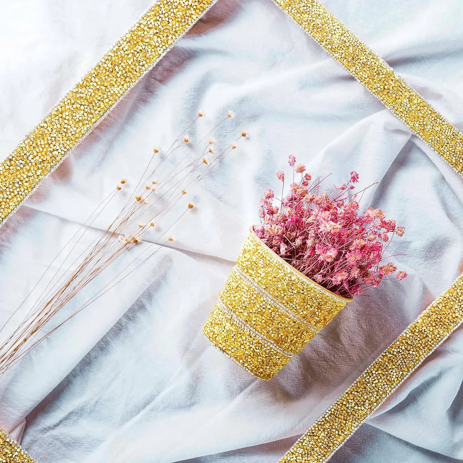 Locacrystal Bling Rhinestones Ribbon Self-Adhesive Iron on Resin Diamond Crystal Ribbon Wrap Roll DIY Rhinestone Stickers for Wedding Clothing Cars Crafts Dress Decoration(Gold White,1.18inch 3yard)