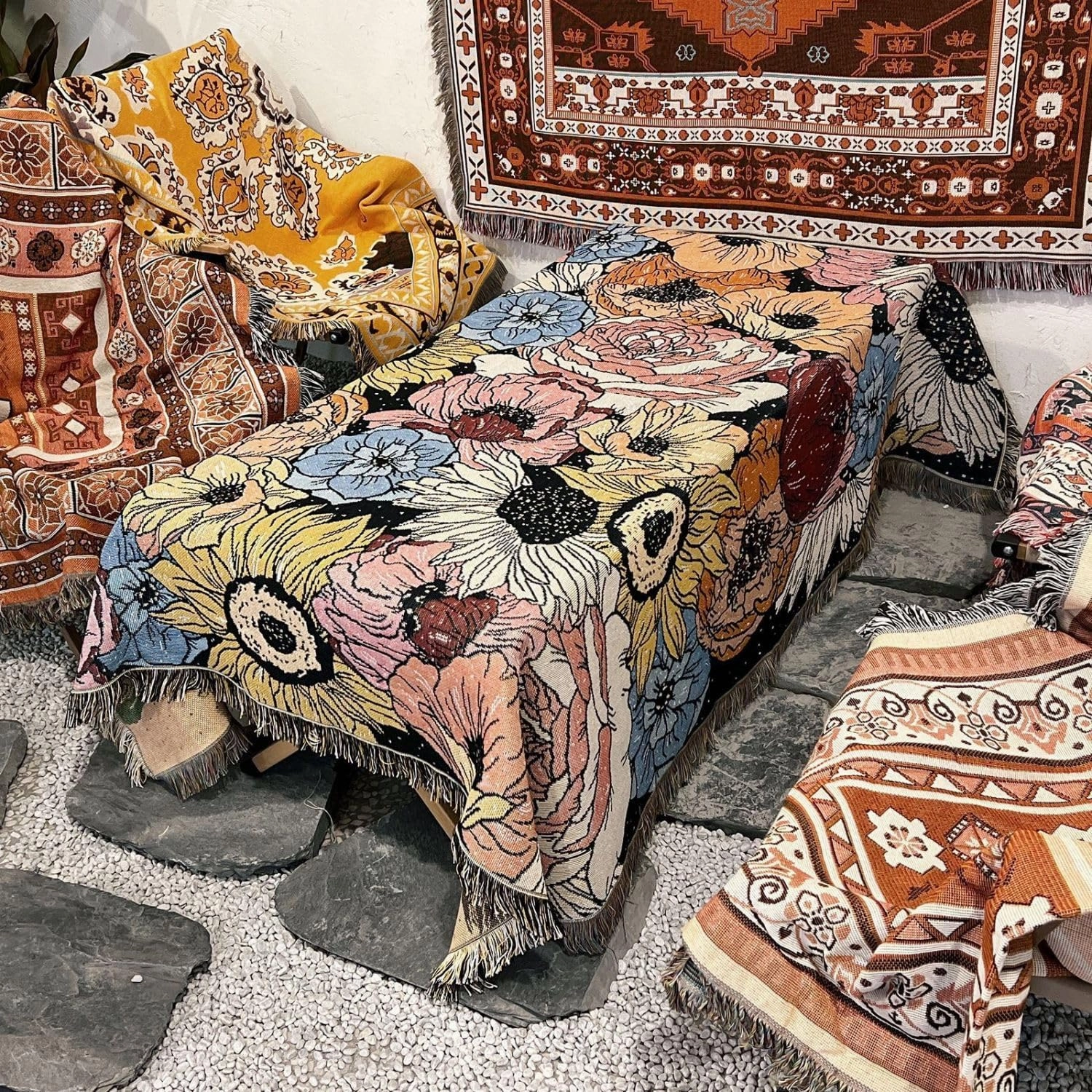 Lqprom Vintage Gothic Southwestern Native Throw Blanket Flowers Throw Blanket for Home Couch Beach Picnic Outdoor Camping 51"x63"