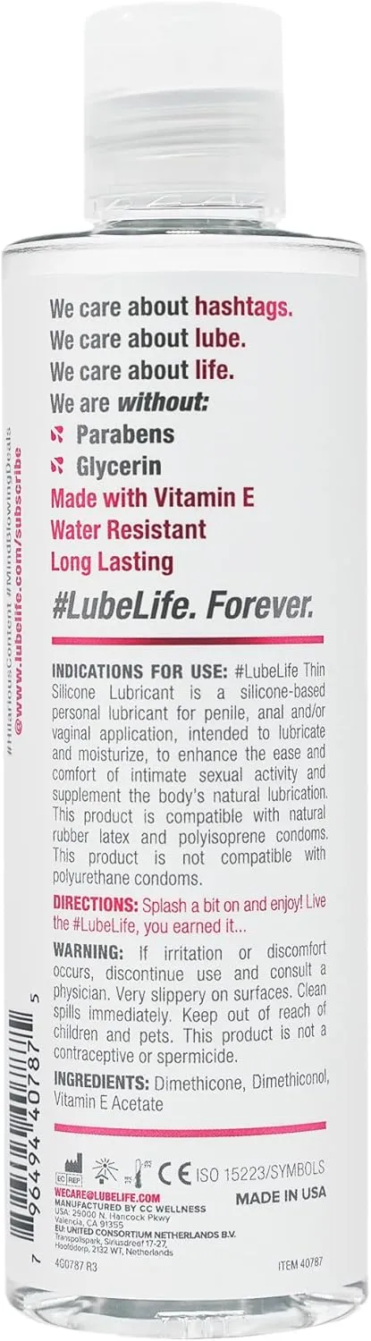 Lube Life Barely There Thin Silicone-Based, Long Lasting, Water Resistant, Personal Lubricant for Men, Women and Couples, 8 Oz