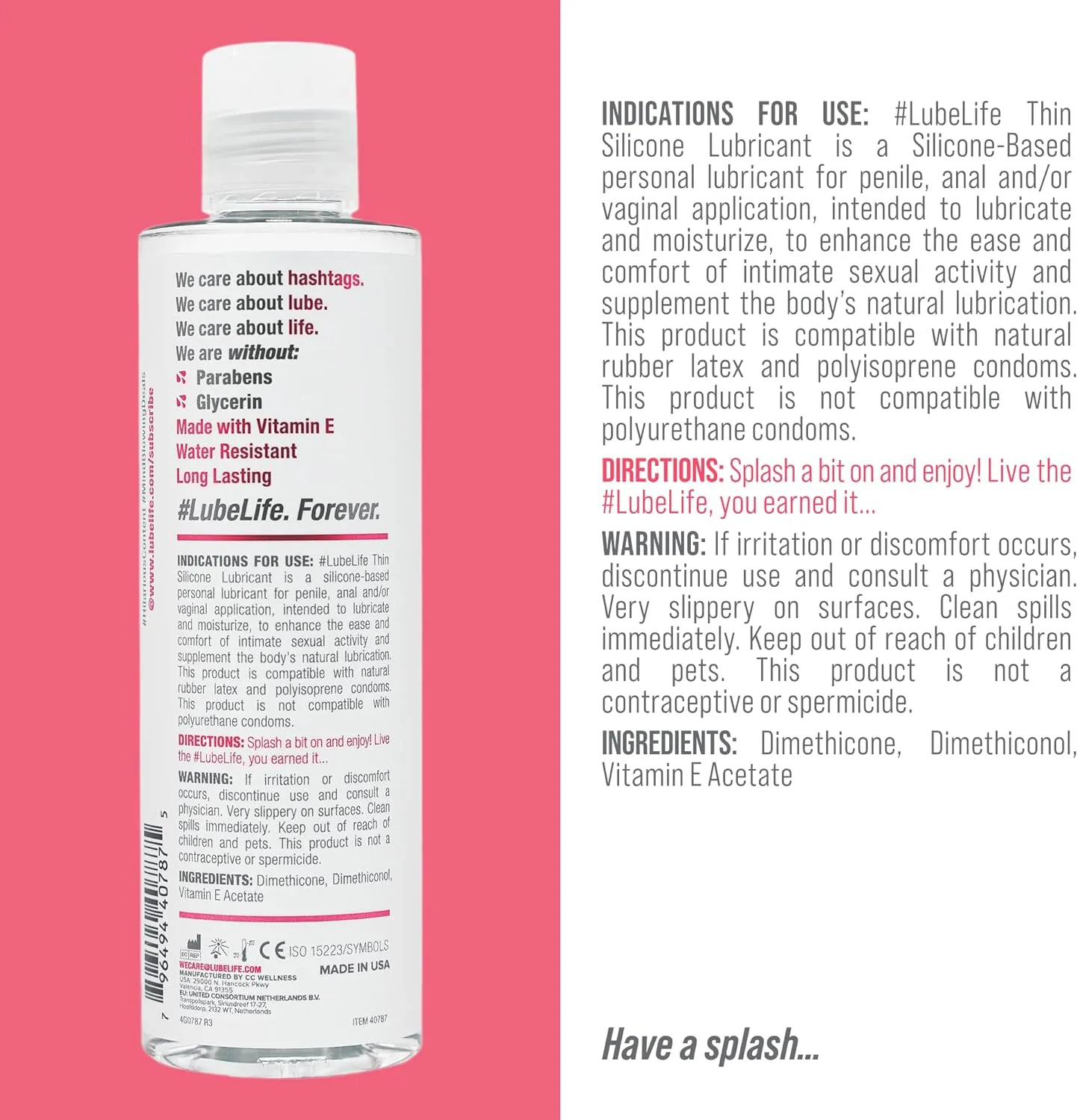 Lube Life Barely There Thin Silicone-Based, Long Lasting, Water Resistant, Personal Lubricant for Men, Women and Couples, 8 Oz