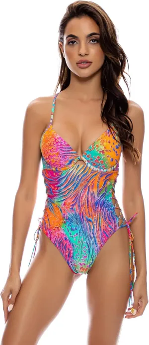Luli Fama Wild Waters - Peek A Boo Underwire One Piece Bodysuit - M/Multicolor