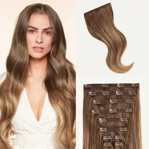 Luxy 100% Remy Human Hair, Classic 160g Clip-In Hair Extensions - 10 Wefts Multi-Dimensional Color for Natural Blending, Adds Volume & Length, Easy Apply & Remove 16" Chestnut Brown Balayage