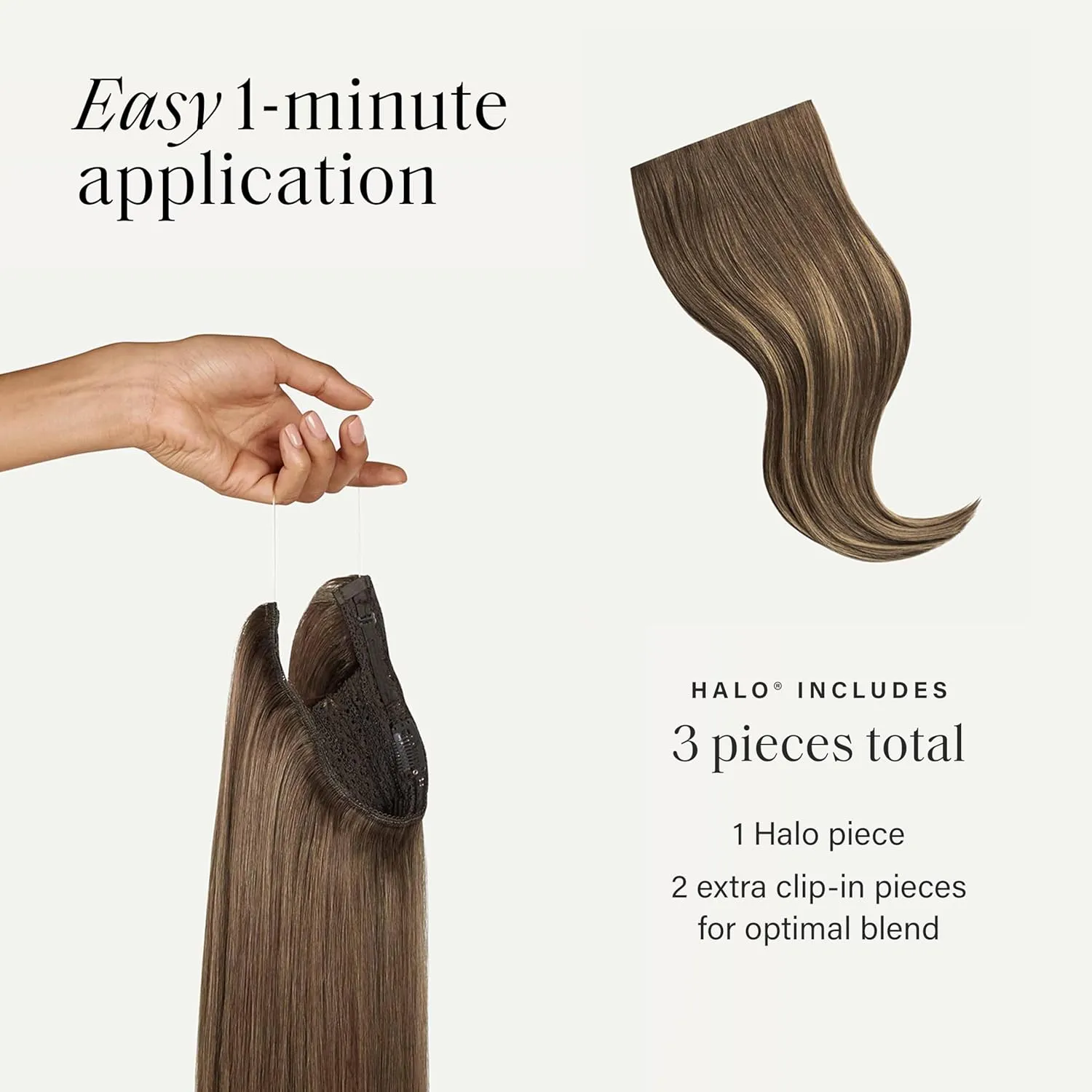 Luxy 100% Remy Human Hair – Halo Clip-In Hair Extensions –Natural Looking Volume & Length - One-Piece - Easy 5-Min Application 140 grams 16" Ash Brown Balayage