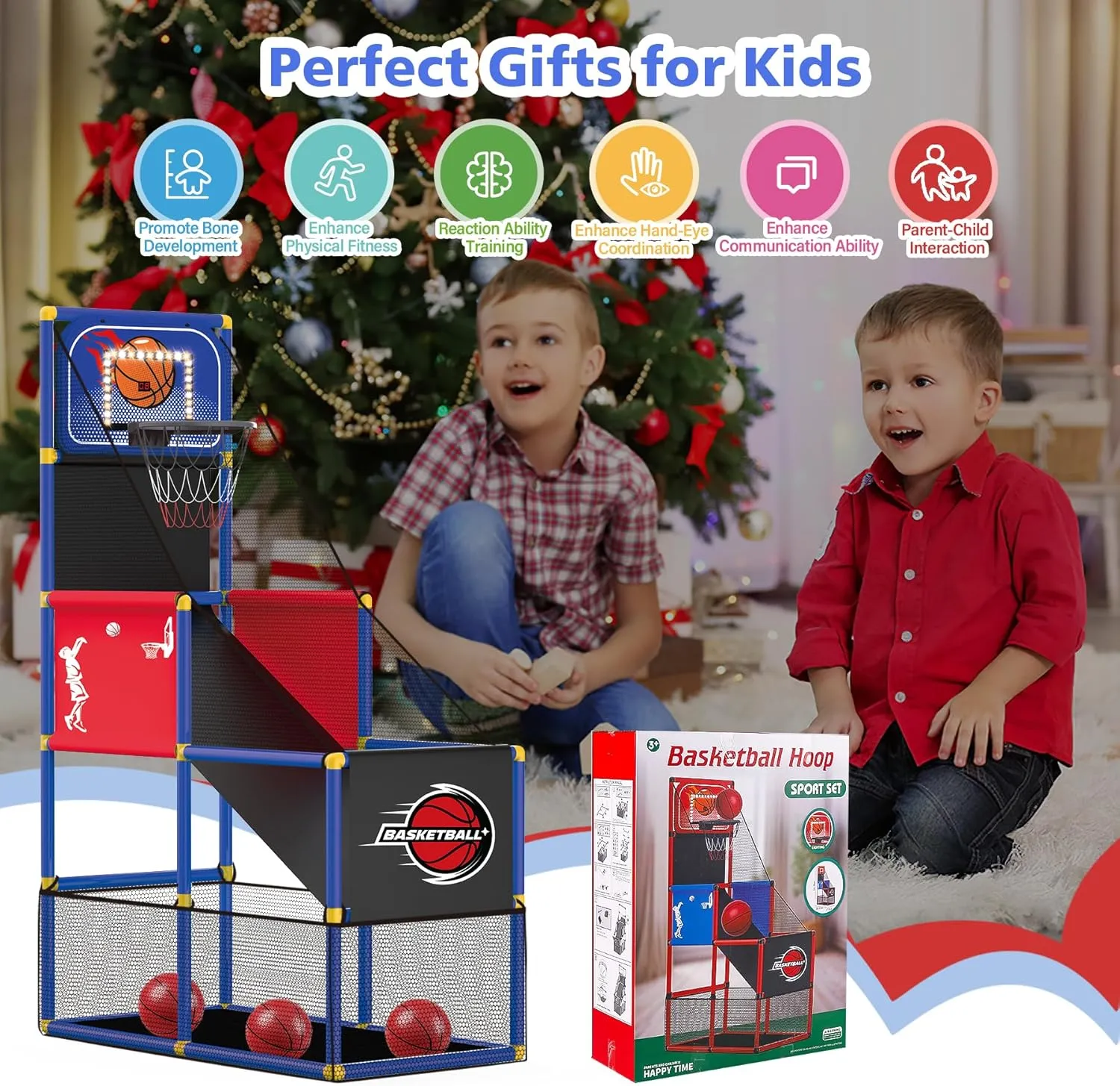 M SANMERSEN Kids Basketball Hoop Arcade Game Set with 4 Balls Electronic Scoreboard and LED Light, Indoor and Outdoor Play, Birthday/Halloween for 3-8 Year Old Boy and Girl