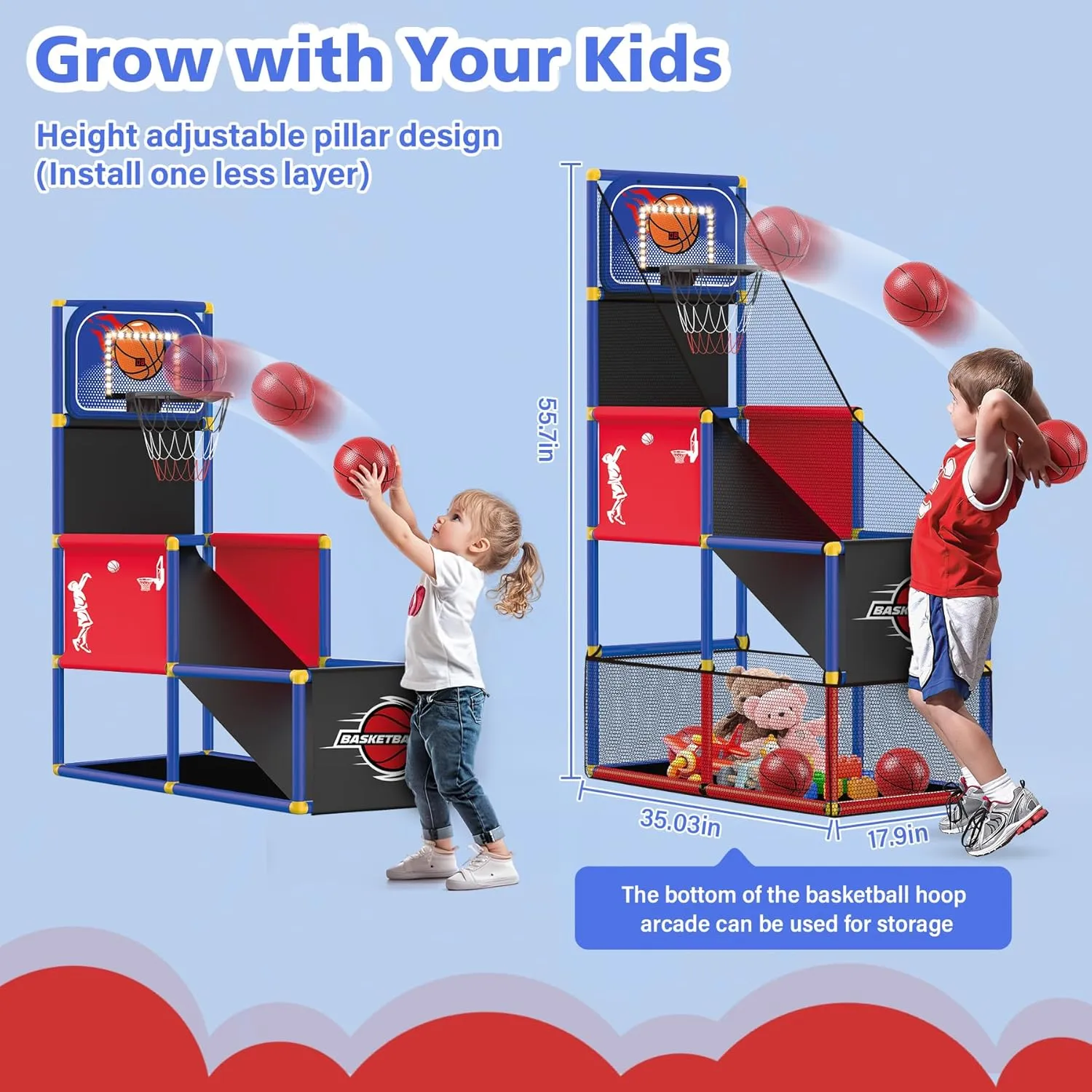 M SANMERSEN Kids Basketball Hoop Arcade Game Set with 4 Balls Electronic Scoreboard and LED Light, Indoor and Outdoor Play, Birthday/Halloween for 3-8 Year Old Boy and Girl
