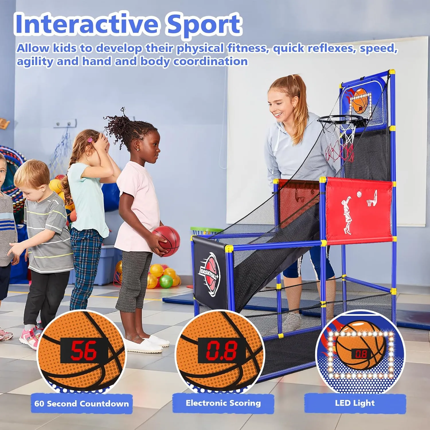 M SANMERSEN Kids Basketball Hoop Arcade Game Set with 4 Balls Electronic Scoreboard and LED Light, Indoor and Outdoor Play, Birthday/Halloween for 3-8 Year Old Boy and Girl
