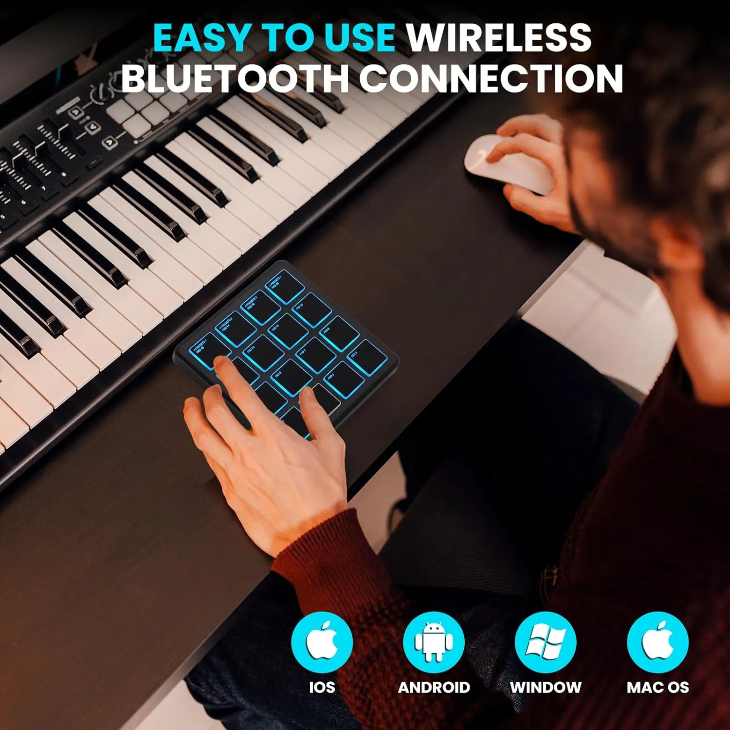 M-VAVE Wireless MIDI Controller Pads, 4.1 * 4.1 Inch, 0.28 LBS, Bluetooth Portable USB MIDI Controller with 16 MPC Drum Pads, Note Repeat, Full Level Buttons, Rechargeable battery (Black Pocket)