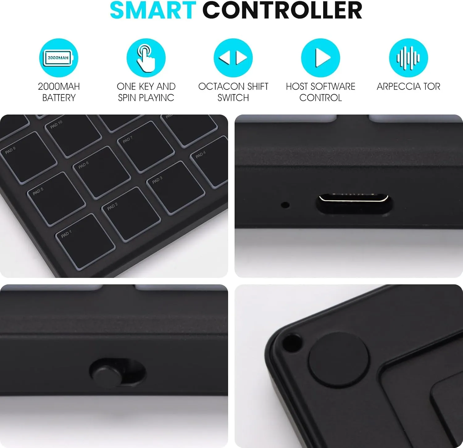 M-VAVE Wireless MIDI Controller Pads, 4.1 * 4.1 Inch, 0.28 LBS, Bluetooth Portable USB MIDI Controller with 16 MPC Drum Pads, Note Repeat, Full Level Buttons, Rechargeable battery (Black Pocket)