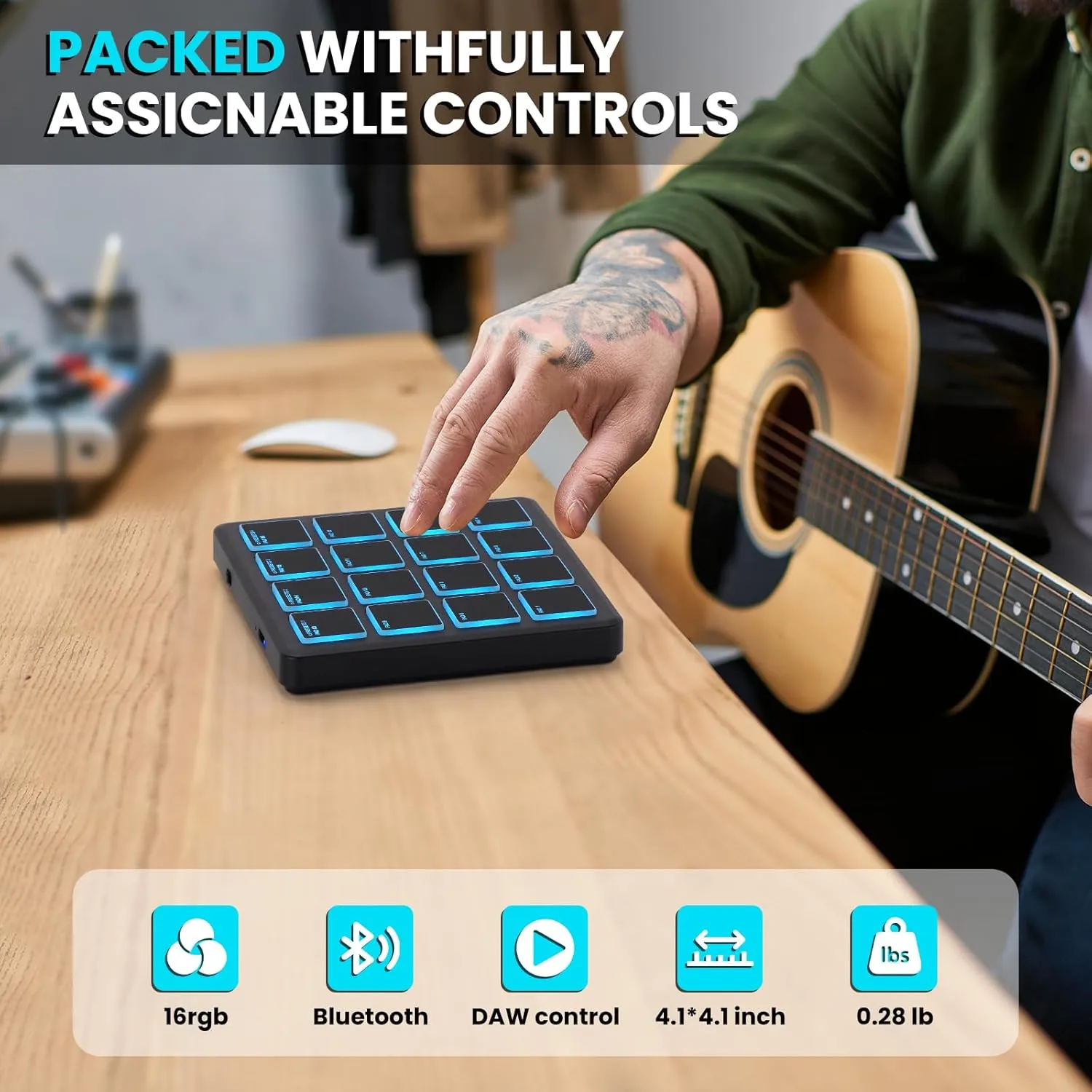 M-VAVE Wireless MIDI Controller Pads, 4.1 * 4.1 Inch, 0.28 LBS, Bluetooth Portable USB MIDI Controller with 16 MPC Drum Pads, Note Repeat, Full Level Buttons, Rechargeable battery (Black Pocket)