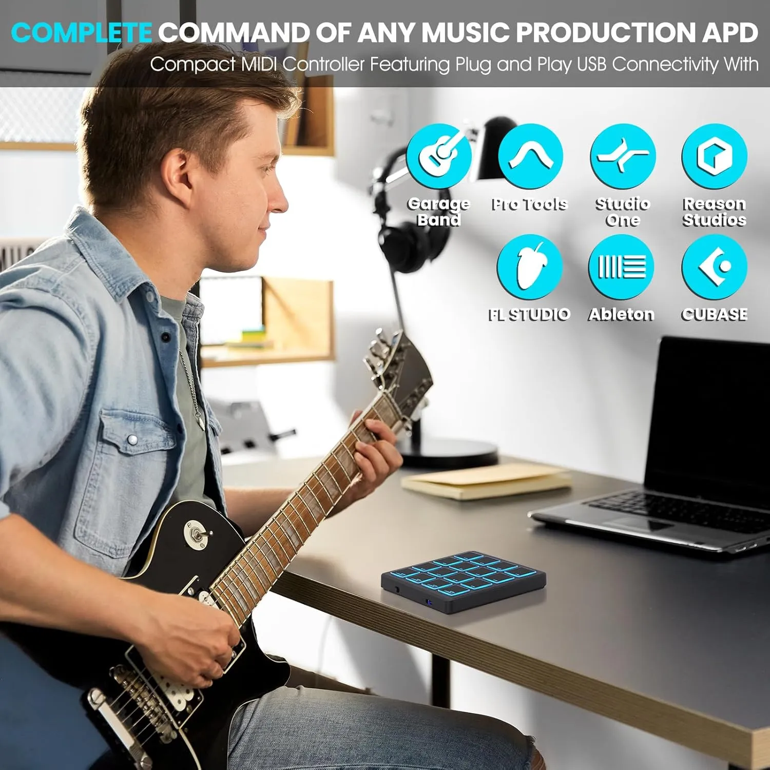 M-VAVE Wireless MIDI Controller Pads, 4.1 * 4.1 Inch, 0.28 LBS, Bluetooth Portable USB MIDI Controller with 16 MPC Drum Pads, Note Repeat, Full Level Buttons, Rechargeable battery (Black Pocket)