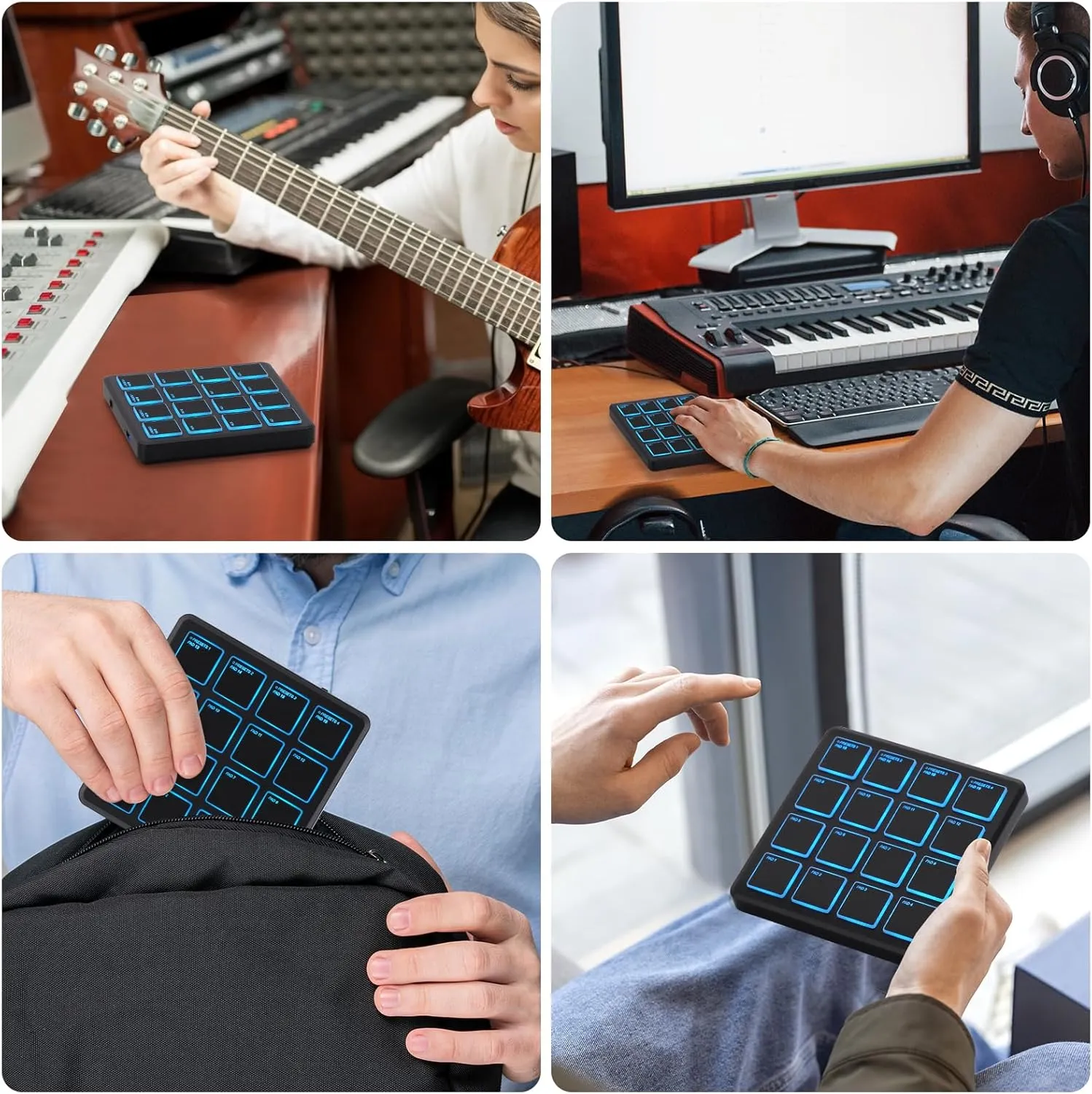 M-VAVE Wireless MIDI Controller Pads, 4.1 * 4.1 Inch, 0.28 LBS, Bluetooth Portable USB MIDI Controller with 16 MPC Drum Pads, Note Repeat, Full Level Buttons, Rechargeable battery (Black Pocket)