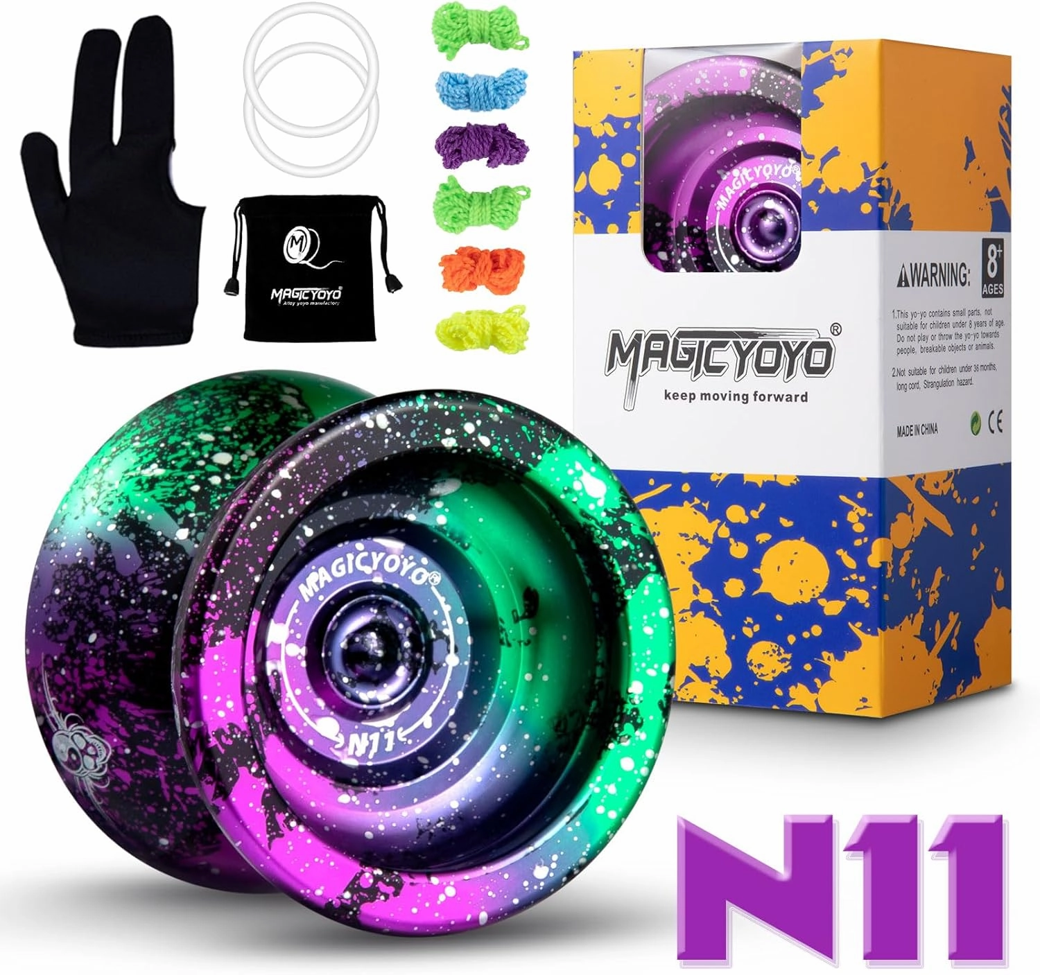 MAGICYOYO N11 Unresponsive Yoyo, Professional Yo-yo for Advanced Players, Metal Trick Yo-yo for Kids/Adults, Alloy Professional Yo Yo with 4 Colors Yoyo Ball, 6 Yoyo Strings, Glove, Bag