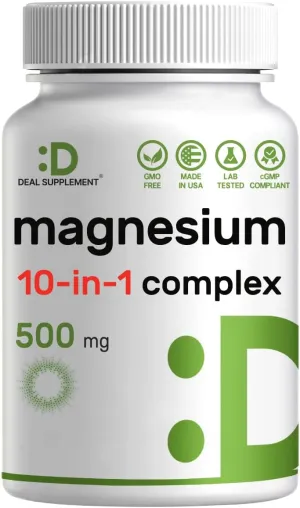 Magnesium Complex Supplement 500mg, 240 Veggie Capsules – 10 in 1 – Glycinate, Citrate, Malate, & More – Chelated Minerals for Muscle & Joint Health.