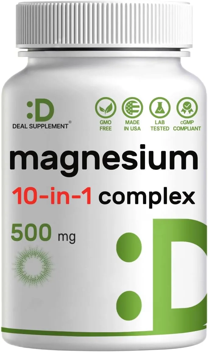 Magnesium Complex Supplement 500mg, 240 Veggie Capsules – 10 in 1 – Glycinate, Citrate, Malate, & More – Chelated Minerals for Muscle & Joint Health.