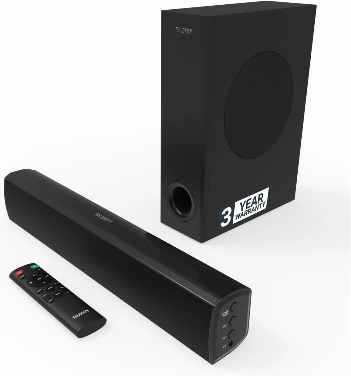 Majority Bluetooth Soundbar with Subwoofer | 100 Watts Sound bar for TV | 2.1 Stereo TV Sound Bar with Optical, RCA, USB, and AUX Playback | TV Speaker Bowfell Plus Sound Bar with Subwoofer