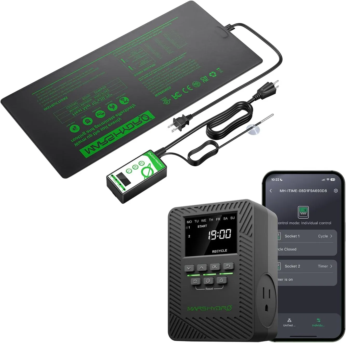 MARS HYDRO 10''x 20.75'' Seedling Heat Mat with Thermostat Combo Set and ITime 2-in-1 Smart Timer Outlet Dual Outlet App Control