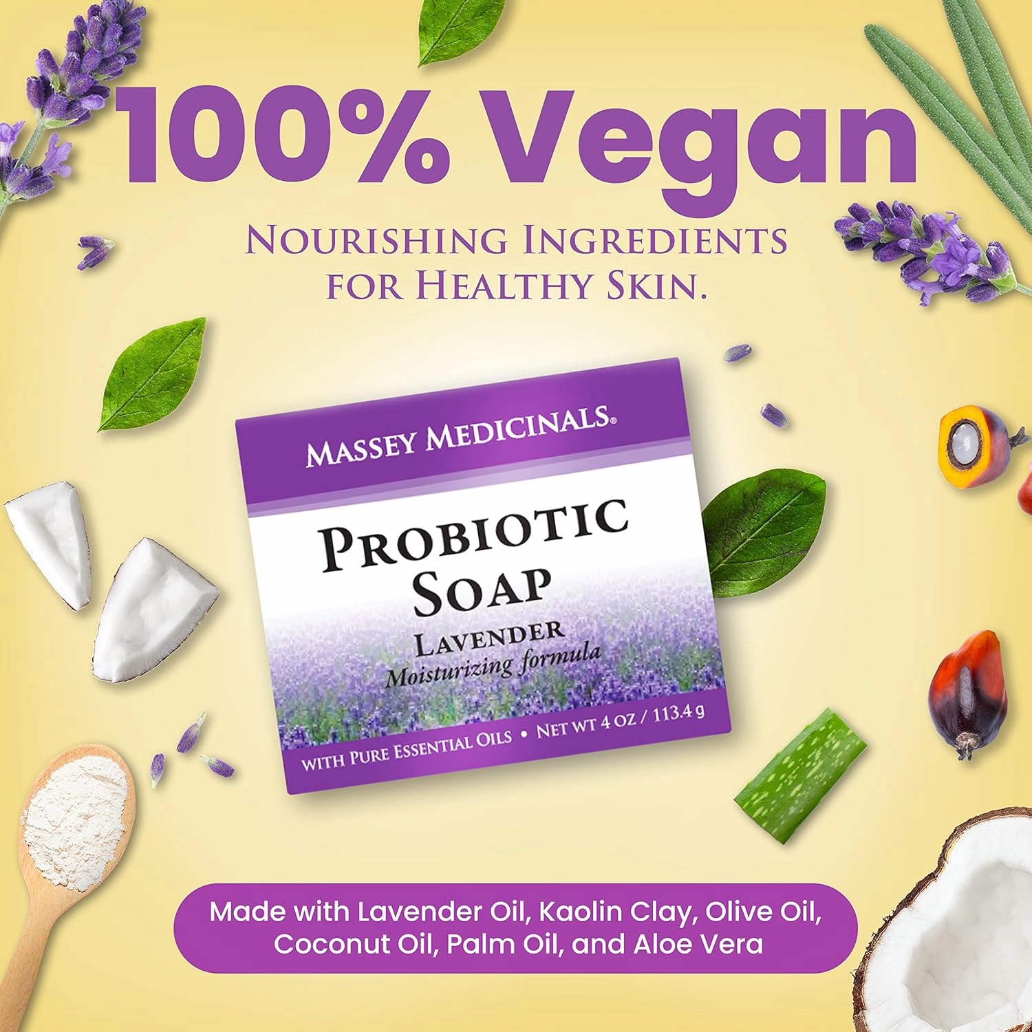 Massey's Natural Probiotic Soap Bar - Lavender Scented - For Men and Women of All Ages - Refreshing Body Essential with 100% Natural Ingredients - 4oz Bar (Pack of 3)