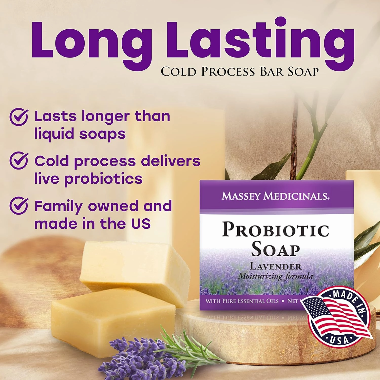 Massey's Natural Probiotic Soap Bar - Lavender Scented - For Men and Women of All Ages - Refreshing Body Essential with 100% Natural Ingredients - 4oz Bar (Pack of 3)