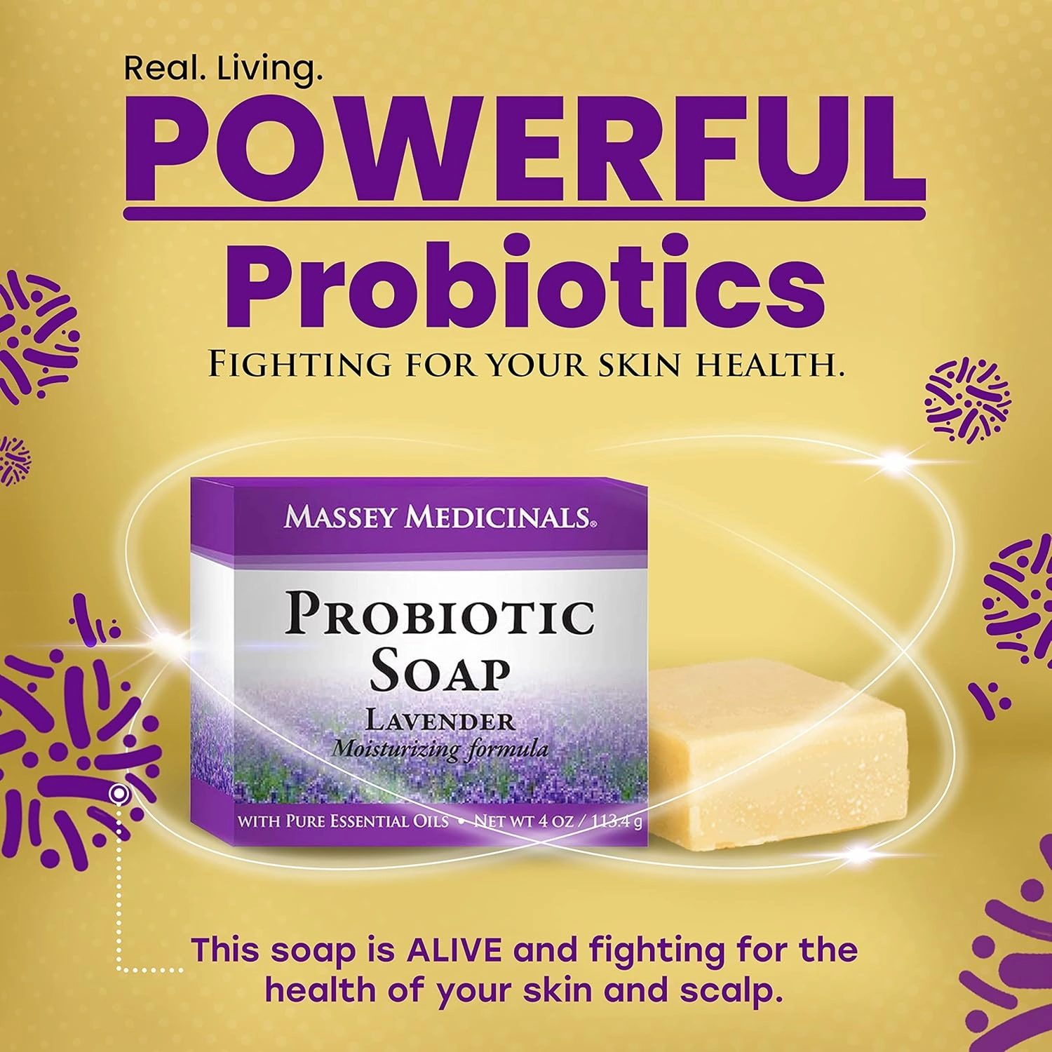 Massey's Natural Probiotic Soap Bar - Lavender Scented - For Men and Women of All Ages - Refreshing Body Essential with 100% Natural Ingredients - 4oz Bar (Pack of 3)