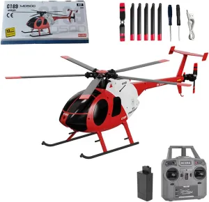 MD500 C189 1/28 Scale RC Helicopter Model for Adults, 2.4G 4CH RC Single-Rotor Helicopter with 6-Axis Gyro Brushless Motors - RTR/Red & White