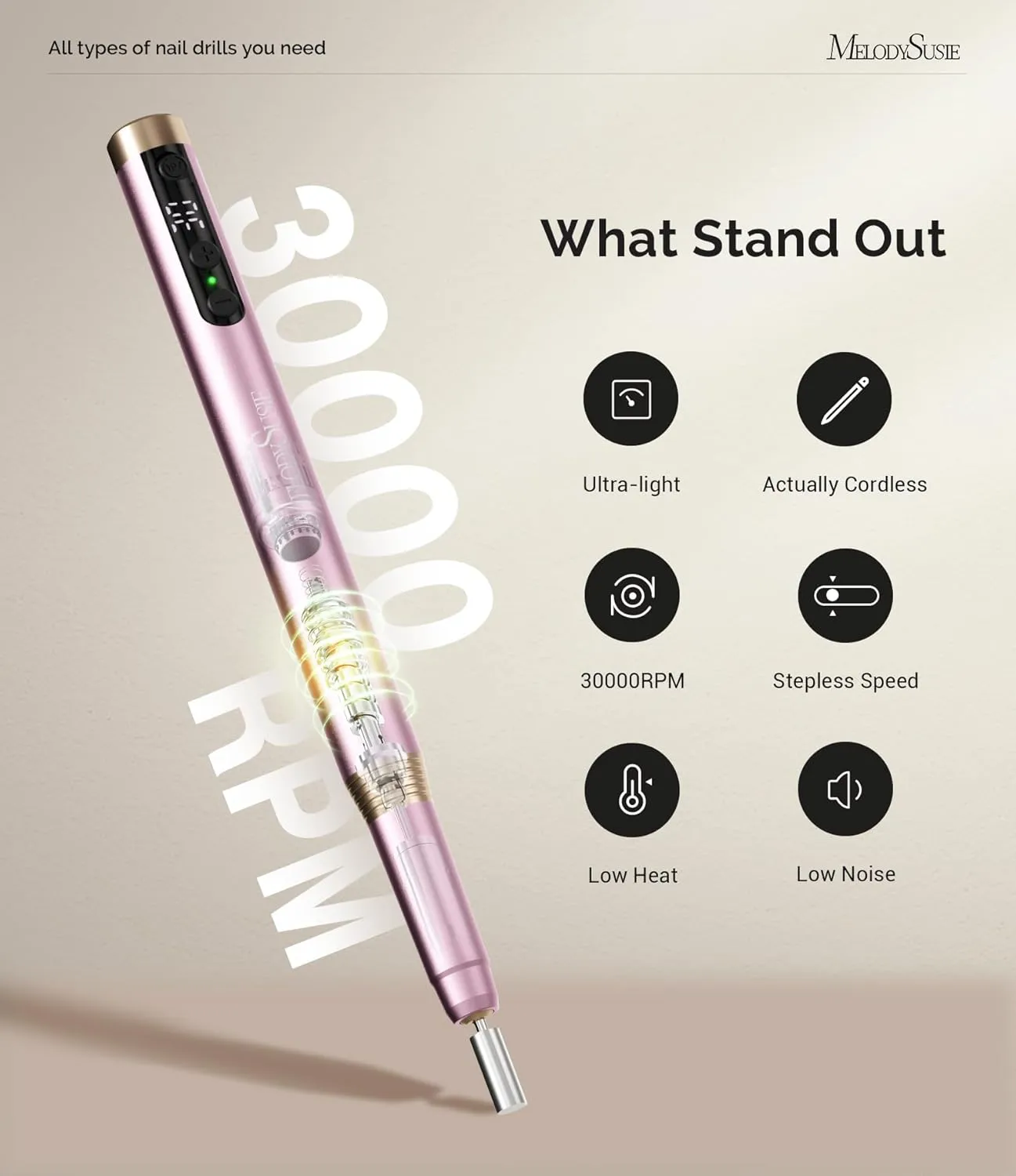 MelodySusie Portable Electric Nail Drill, Cordless 30000RPM Nail EFile with Drill Bits & Ultra Fine Sanding Bands for Manicure Pedicure, Professional Nail File Tool for Women, PM170F Pink