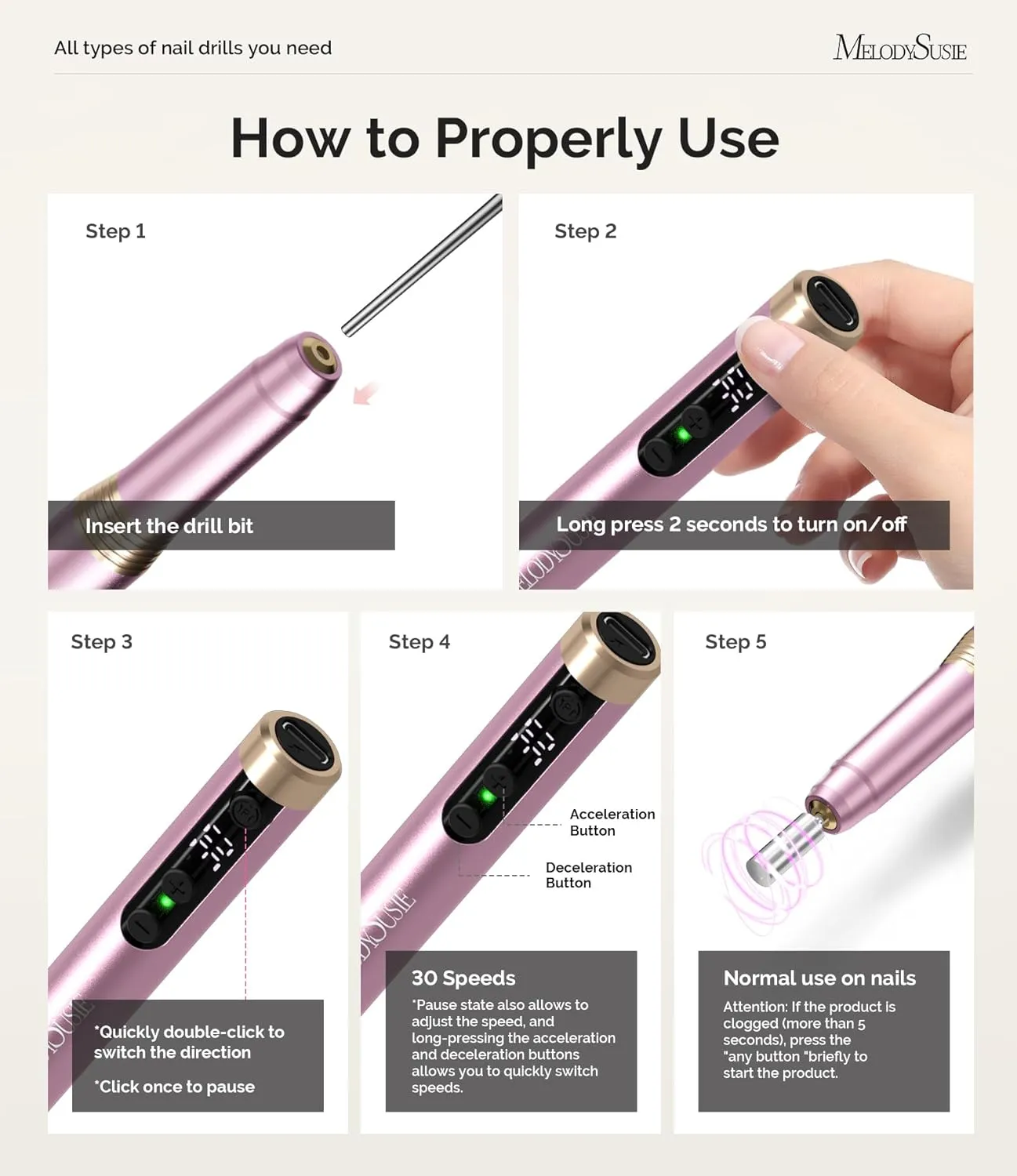 MelodySusie Portable Electric Nail Drill, Cordless 30000RPM Nail EFile with Drill Bits & Ultra Fine Sanding Bands for Manicure Pedicure, Professional Nail File Tool for Women, PM170F Pink