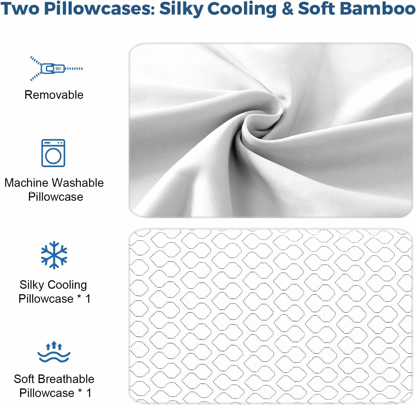 Memory Foam Pillows Queen Size Set of 2 - Adjustable Bed Pillows for Side Back Stomach Sleepers - with Washable Cooling Pillowcase