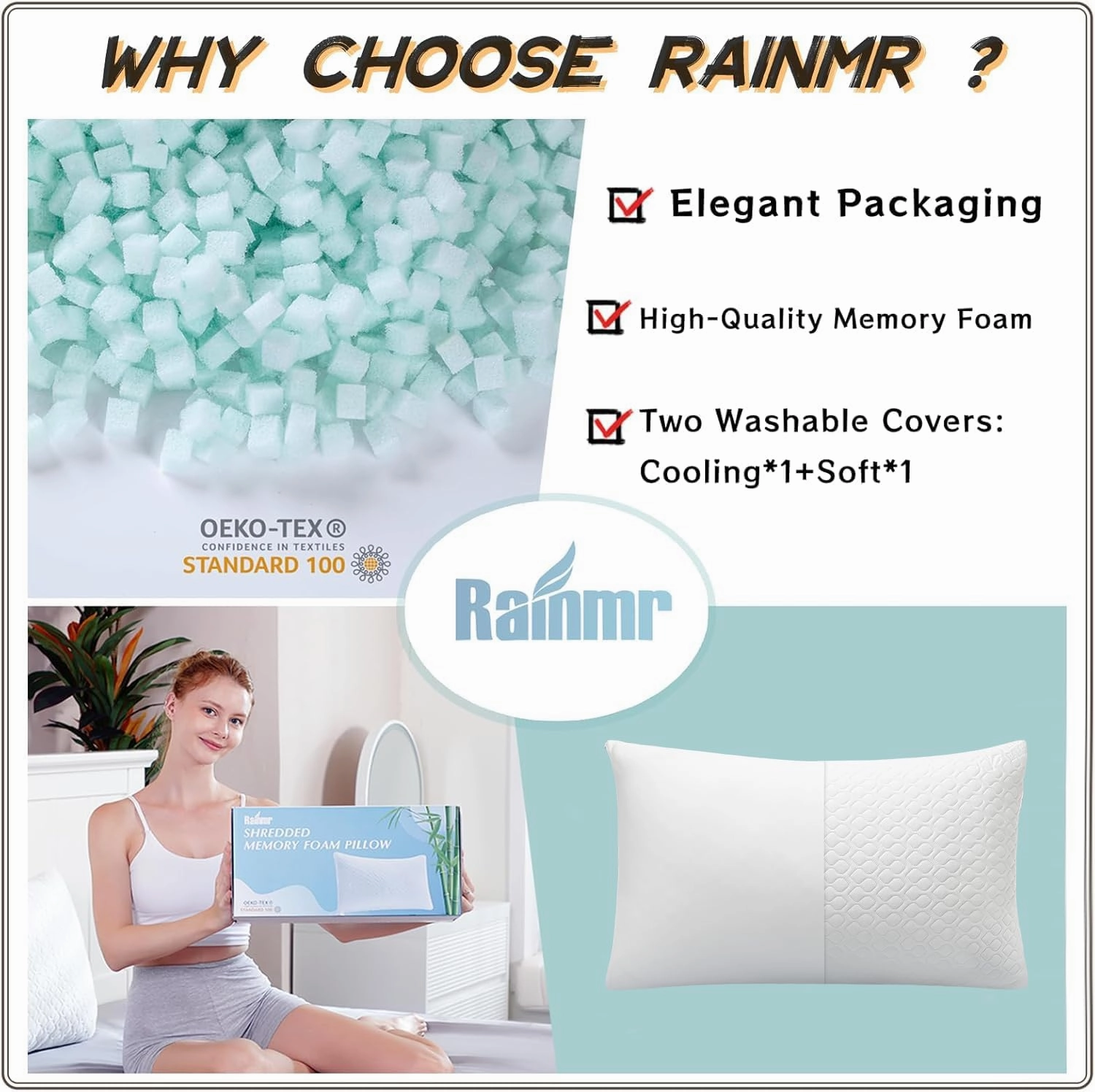 Memory Foam Pillows Queen Size Set of 2 - Adjustable Bed Pillows for Side Back Stomach Sleepers - with Washable Cooling Pillowcase