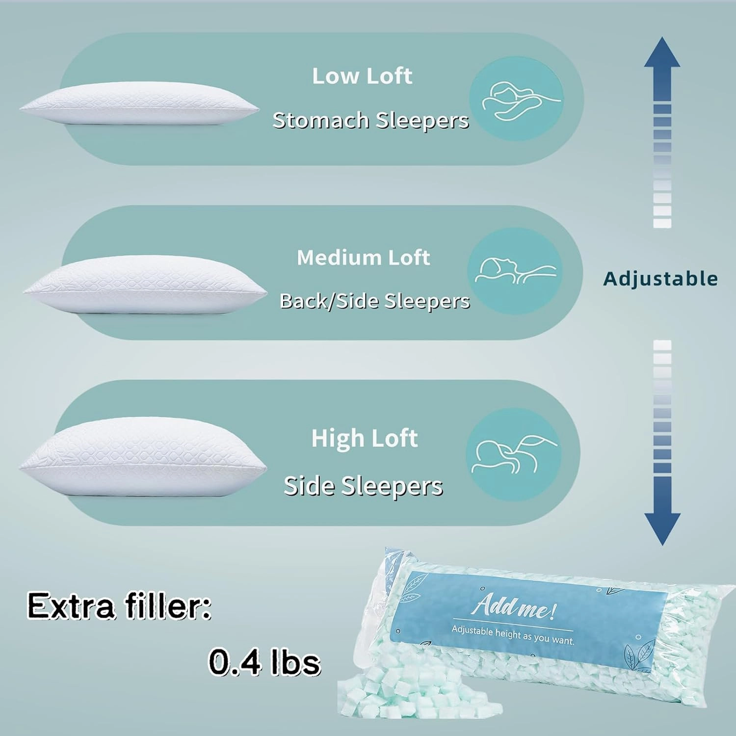 Memory Foam Pillows Queen Size Set of 2 - Adjustable Bed Pillows for Side Back Stomach Sleepers - with Washable Cooling Pillowcase