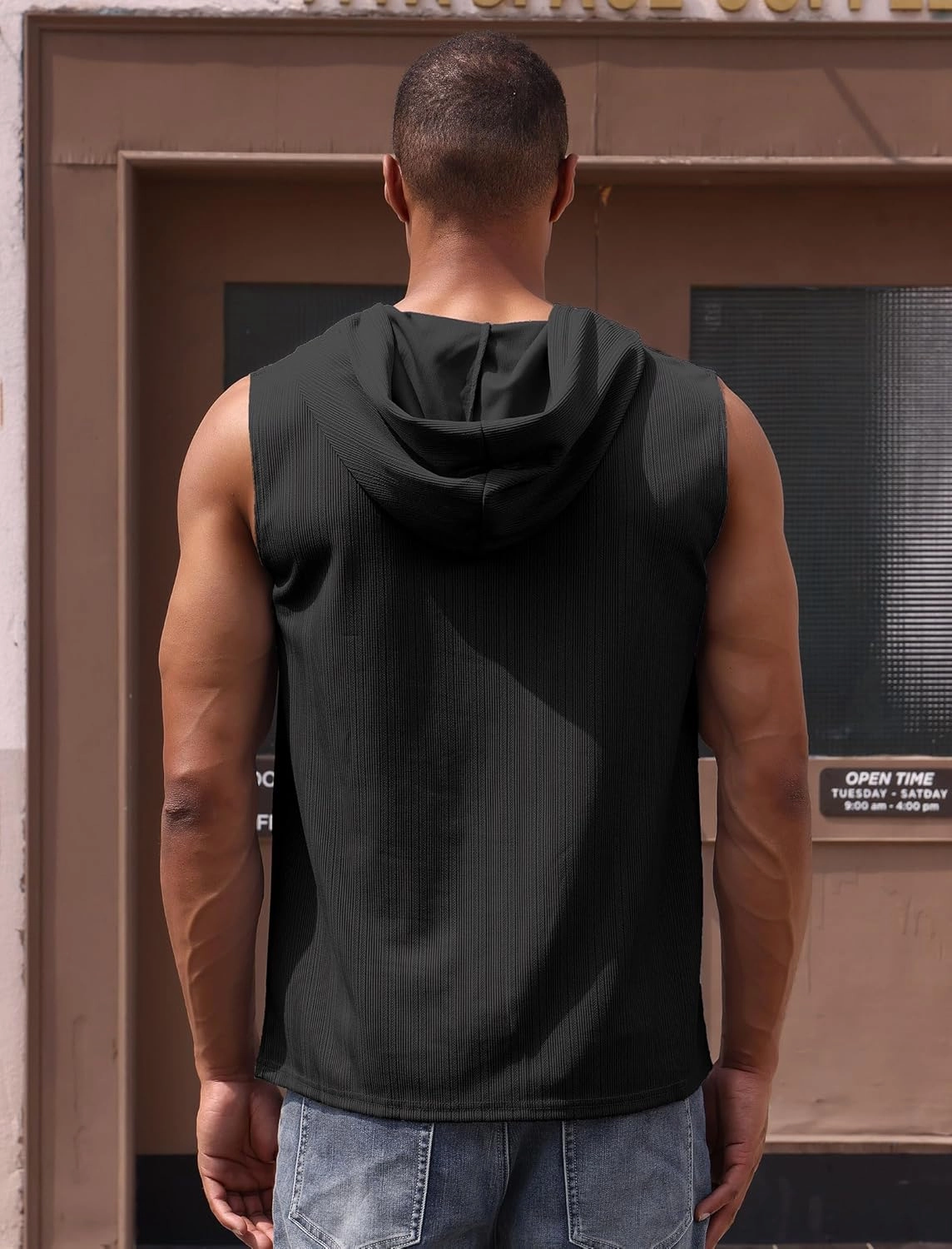 Men's Sleeveless Hooded Tank Top Pullover Cut Off Shirts with Pocket Hoodies Tank Tops Vest Casual Workout