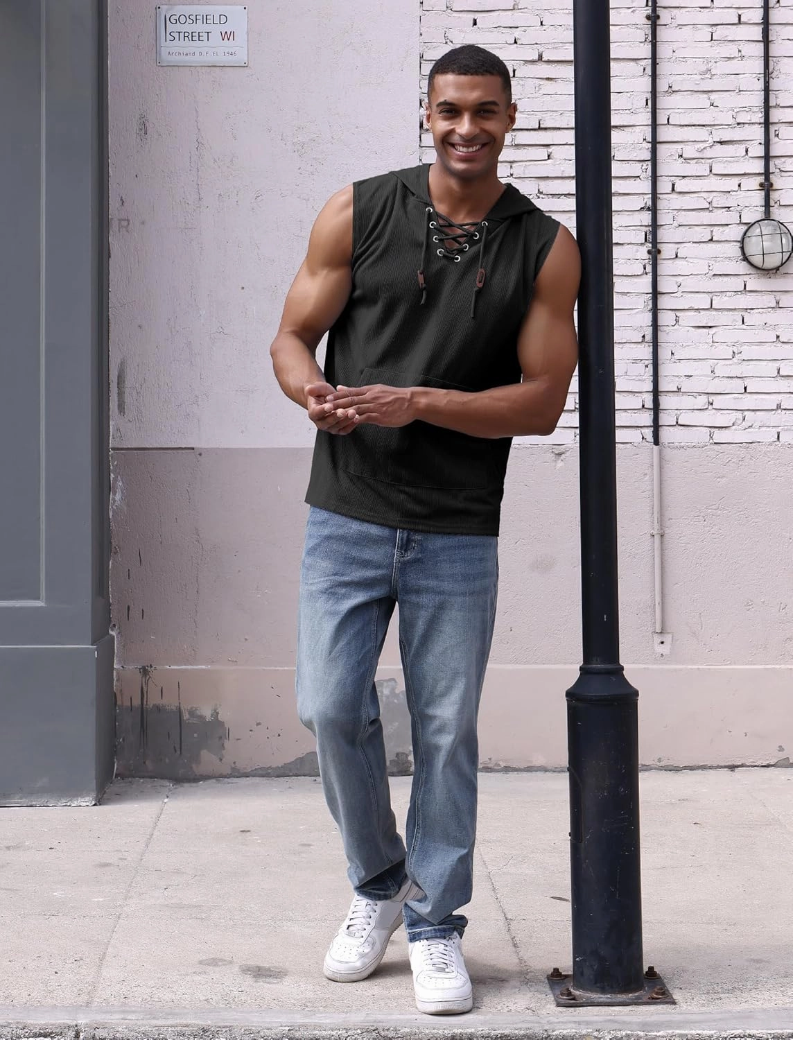 Men's Sleeveless Hooded Tank Top Pullover Cut Off Shirts with Pocket Hoodies Tank Tops Vest Casual Workout