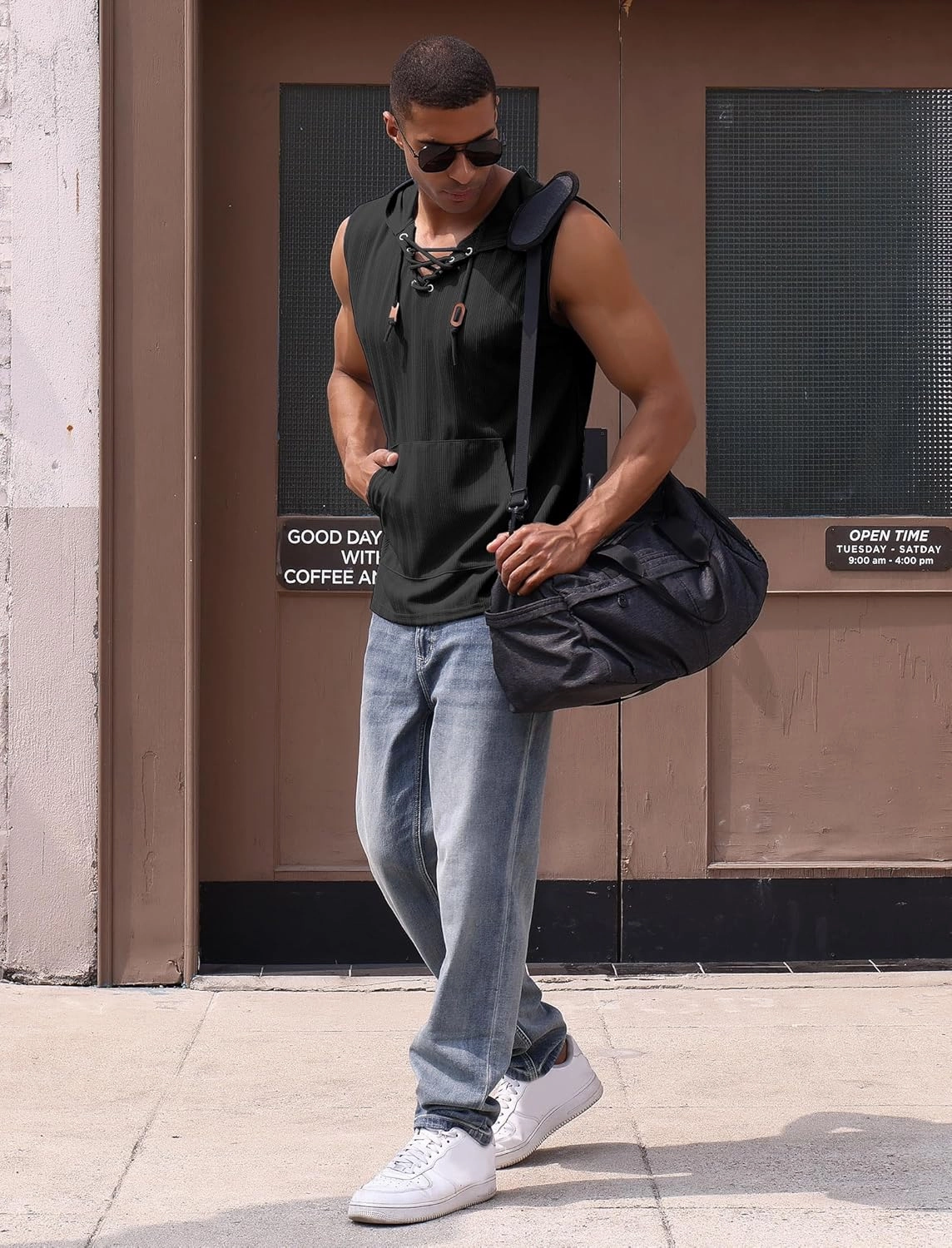 Men's Sleeveless Hooded Tank Top Pullover Cut Off Shirts with Pocket Hoodies Tank Tops Vest Casual Workout