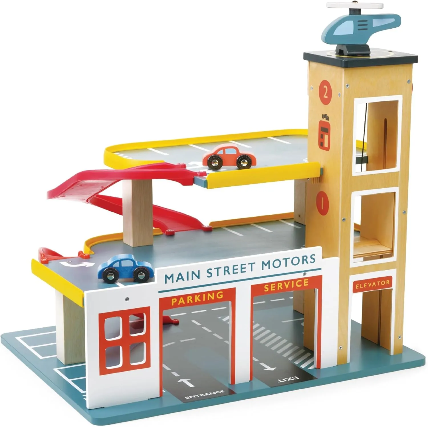 Mentari Toys - Multi-Level Garage with Lift - 3 Floors, 2 Ramps, 2 Cars, Helicopter & Pad - Encourages Imaginative Play, Fine Motor Skills & Vehicle Fun - Sturdy Design with Parking Bays - Age 3 