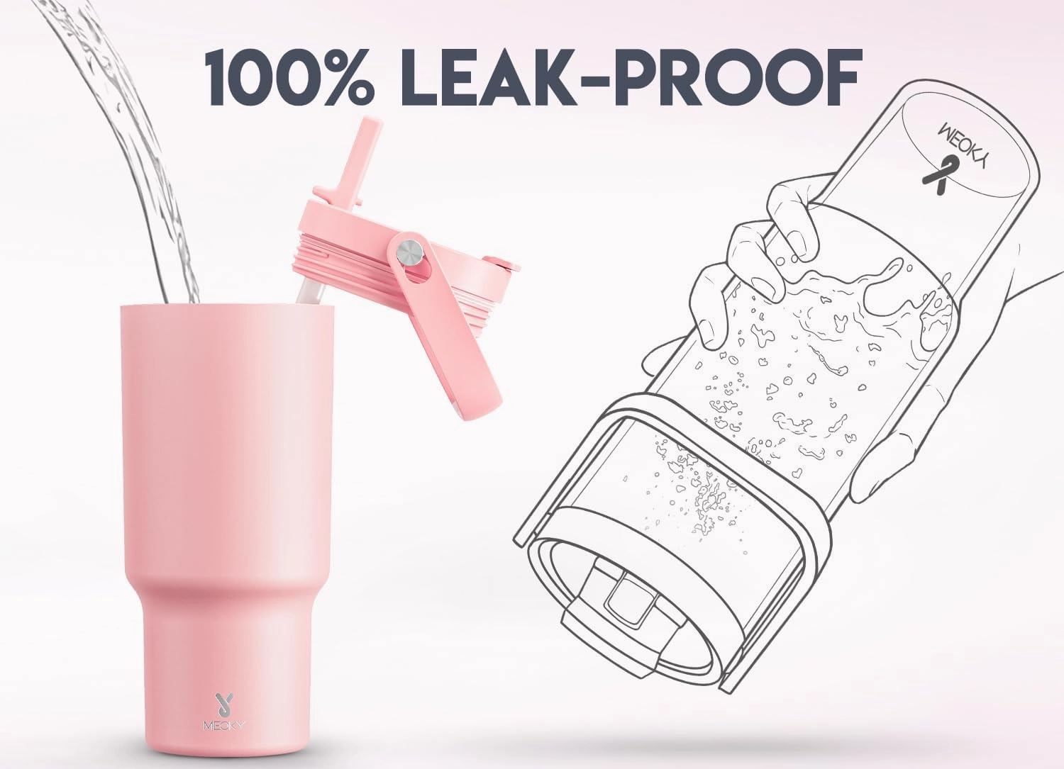 Meoky 32 oz Tumbler with Handle, Tumbler with Lid and Straw, Stainless Steel Travel Mug, 100% Leak Proof, Keeps Cold for 24 Hours, Fits in Car Cup Holder (Blush)