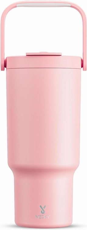 Meoky 32 oz Tumbler with Handle, Tumbler with Lid and Straw, Stainless Steel Travel Mug, 100% Leak Proof, Keeps Cold for 24 Hours, Fits in Car Cup Holder (Blush)