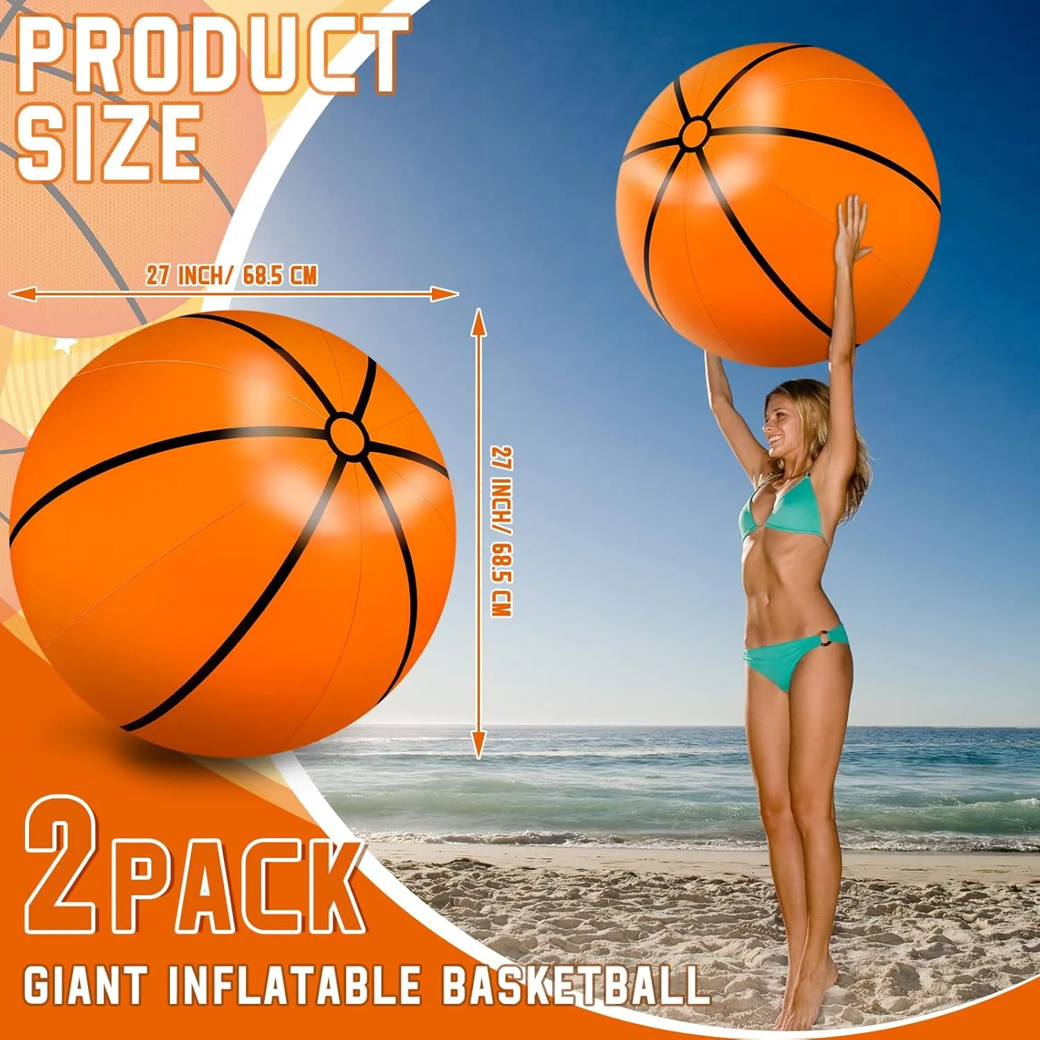 Meooeck 2 Pcs 27 Inch Inflatable Balls Large Inflatable Basketball Giant Beach Balls for Pool Summer Outdoor Activity Games Birthday Party Decorations