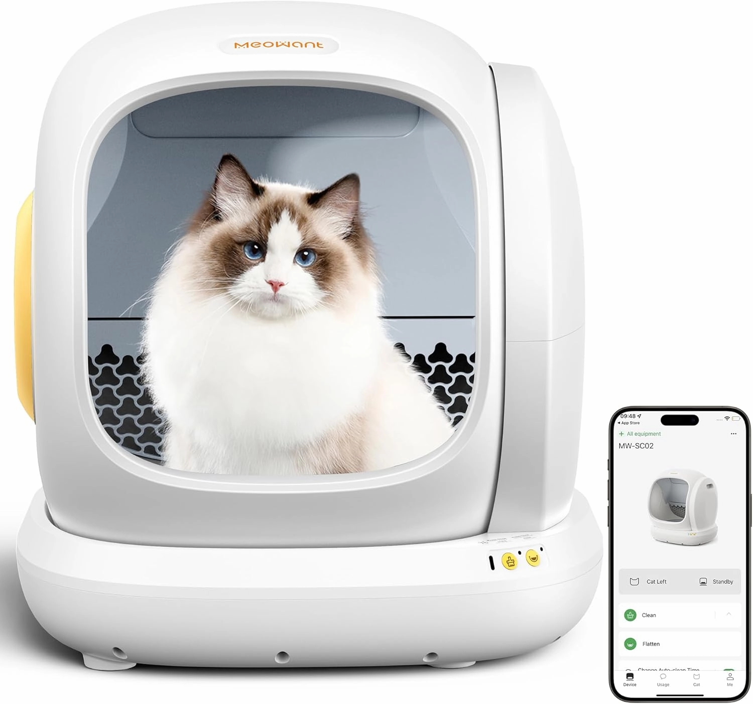 MeoWant Self-Cleaning Cat Litter Box, 75L Extra Large Open Automatic Cat Litter Box for Multi Cats, Integrated Safety Protection/APP Control/Odor Removal Smart Litter Box with Mat & Liner, white