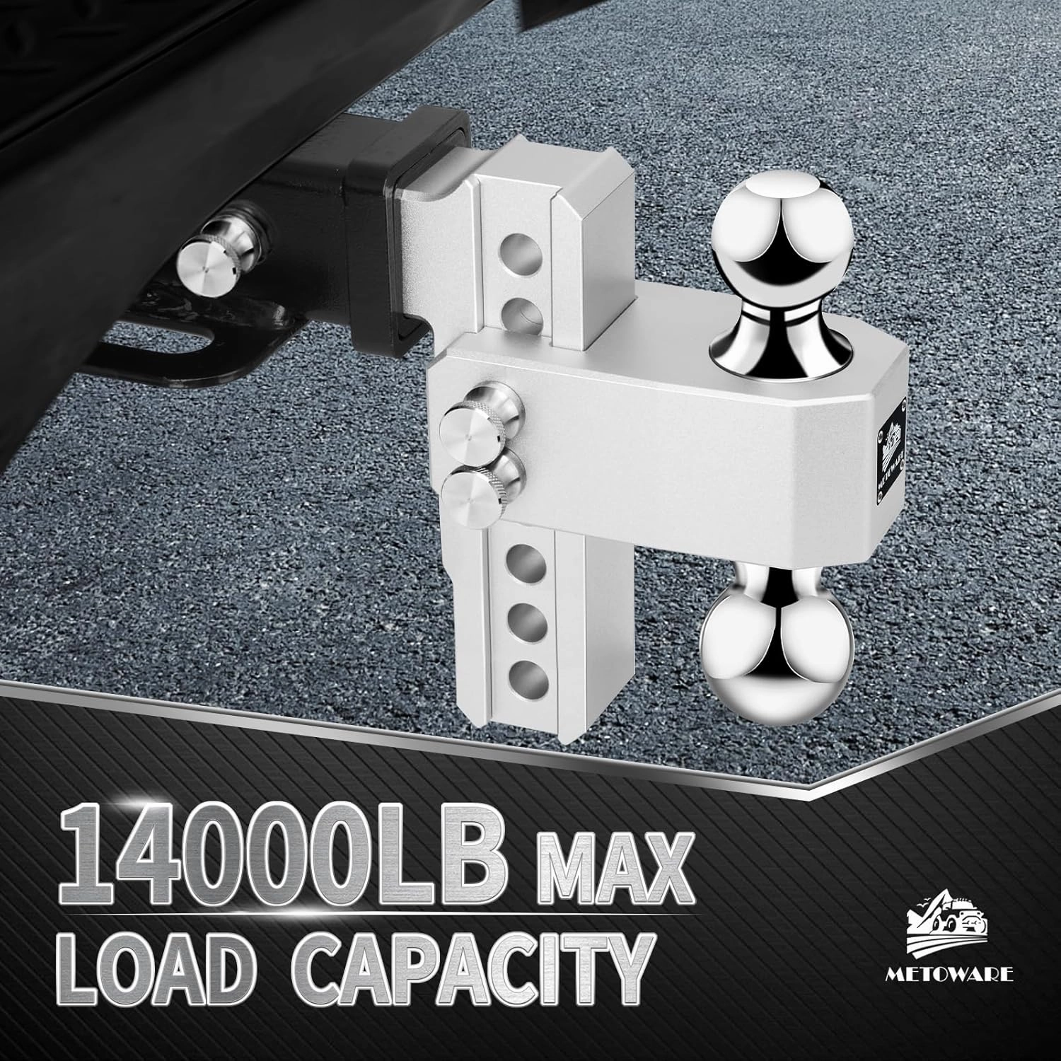 METOWARE Adjustable Trailer Hitch - Aluminum Tow Hitch Fits 2-Inch Receiver - Heavy Duty Drop Hitch with 6-Inch Drop/Rise for Truck (14,000 LBS GTW), Double Stainless Steel Locks & Hitch Pin (Black)