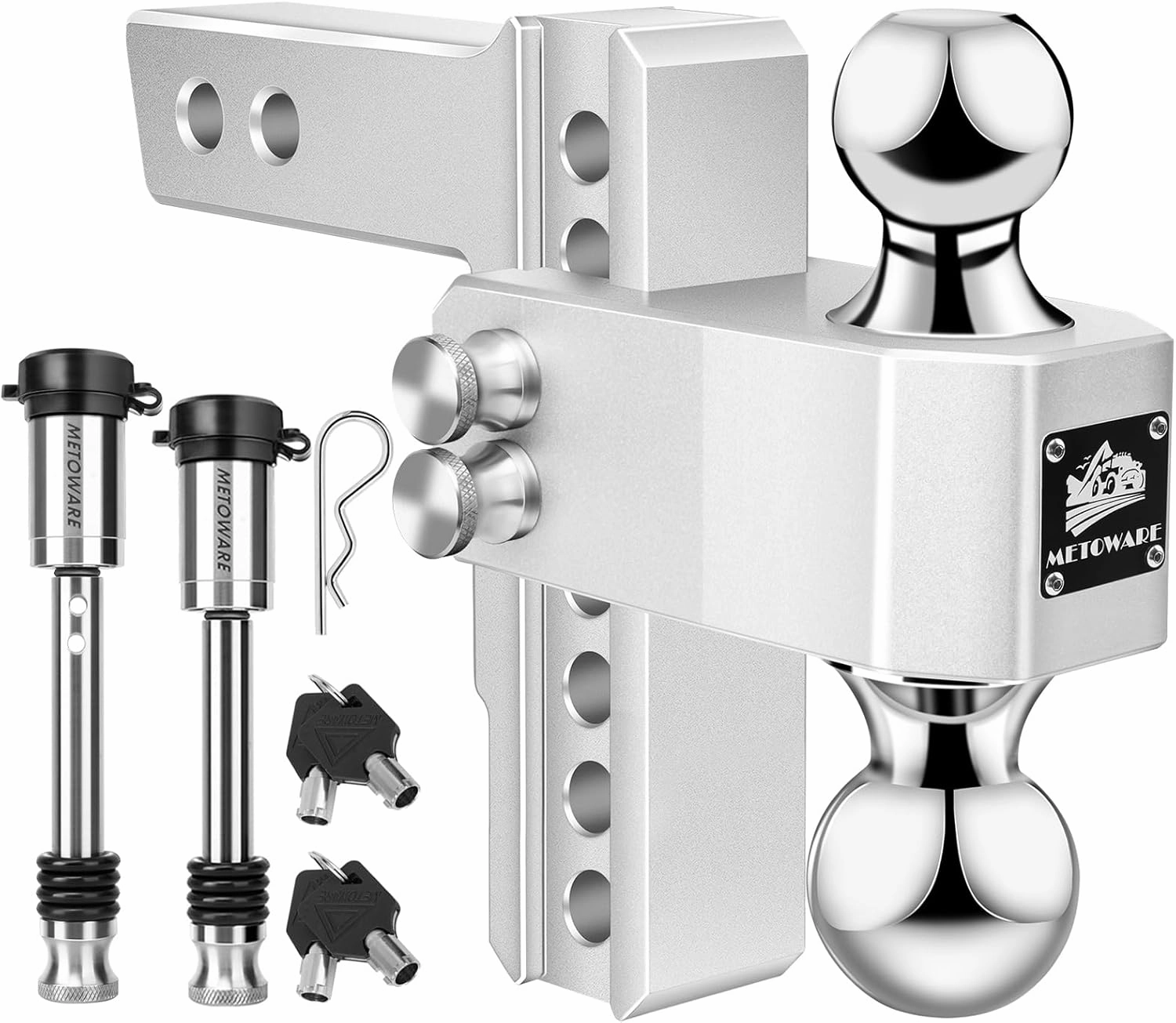 METOWARE Adjustable Trailer Hitch - Aluminum Tow Hitch Fits 2-Inch Receiver - Heavy Duty Drop Hitch with 6-Inch Drop/Rise for Truck (14,000 LBS GTW), Double Stainless Steel Locks & Hitch Pin (Black)