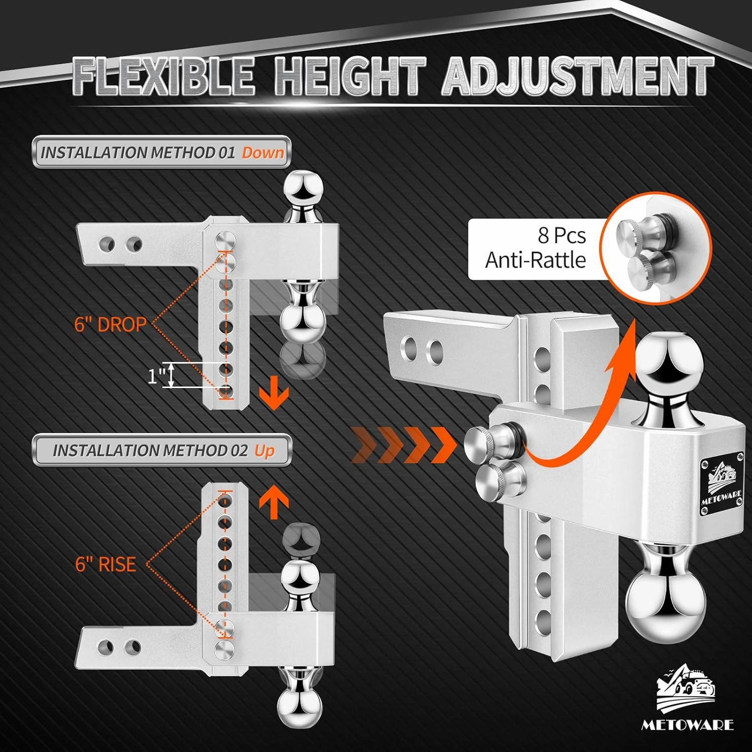 METOWARE Adjustable Trailer Hitch - Aluminum Tow Hitch Fits 2-Inch Receiver - Heavy Duty Drop Hitch with 6-Inch Drop/Rise for Truck (14,000 LBS GTW), Double Stainless Steel Locks & Hitch Pin (Black)