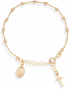 Miabella 18K Gold Over Sterling Silver Italian Rosary Cross Bead Charm Link Chain Bracelet for Women, Adjustable, 925 Made in Italy