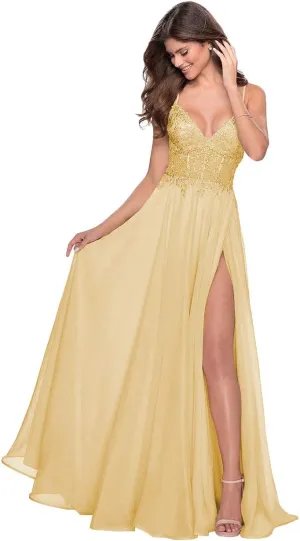 Miao Duo Women's Lace Appliqued Chiffon Prom Dresses Long with Slit Spaghetti Straps V Neck Formal Party Gowns YZTS027