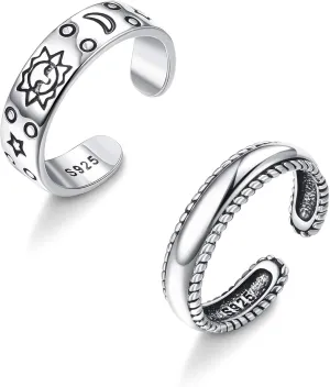 MILACOLATO 2Pcs Sterling Silver Toe Rings for Women 18K White Gold Plated Adjustable Toe Rings Vintage Sun Moon and Star Band Toe Rings Summer Beach Foot Jewelry
