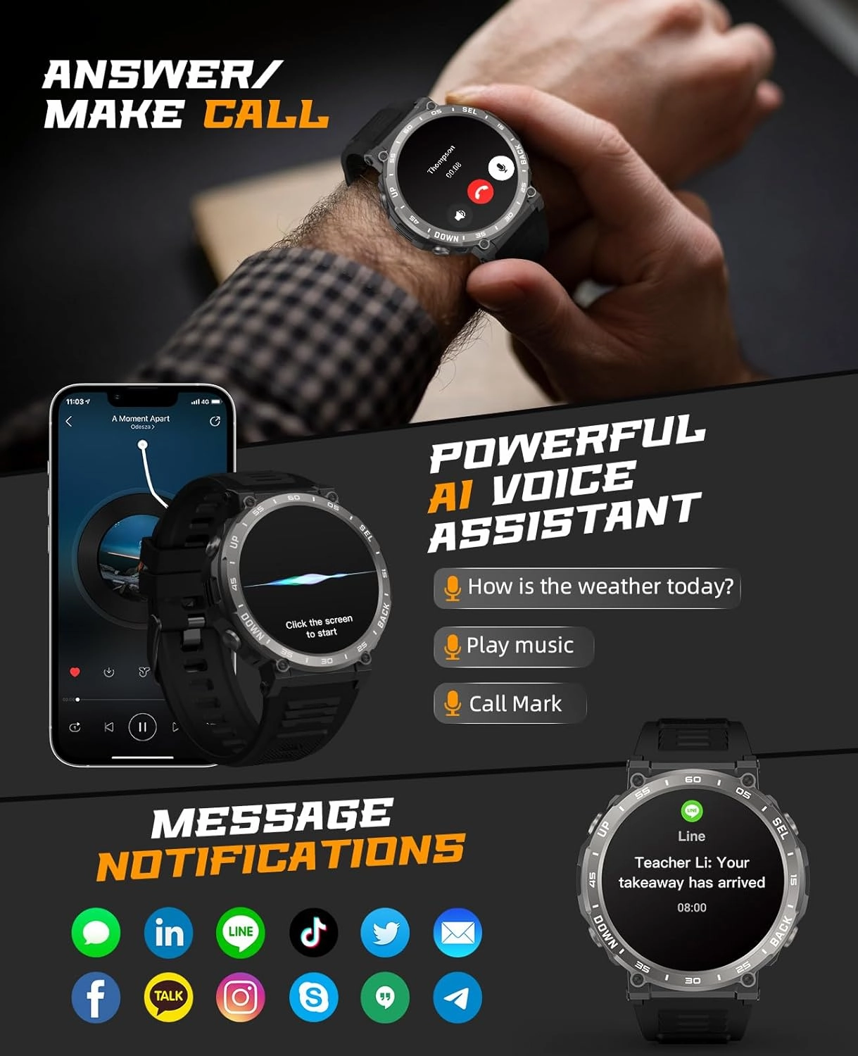 Military Smart Watches for Men - Answer/Make Calls, IP68 Waterproof Fitness Step Tracker Watch with Sleep Monitor/ 110  Sports Modes/Pedometer, Tactical Smartwatch for Android iPhone Samsung (Black)
