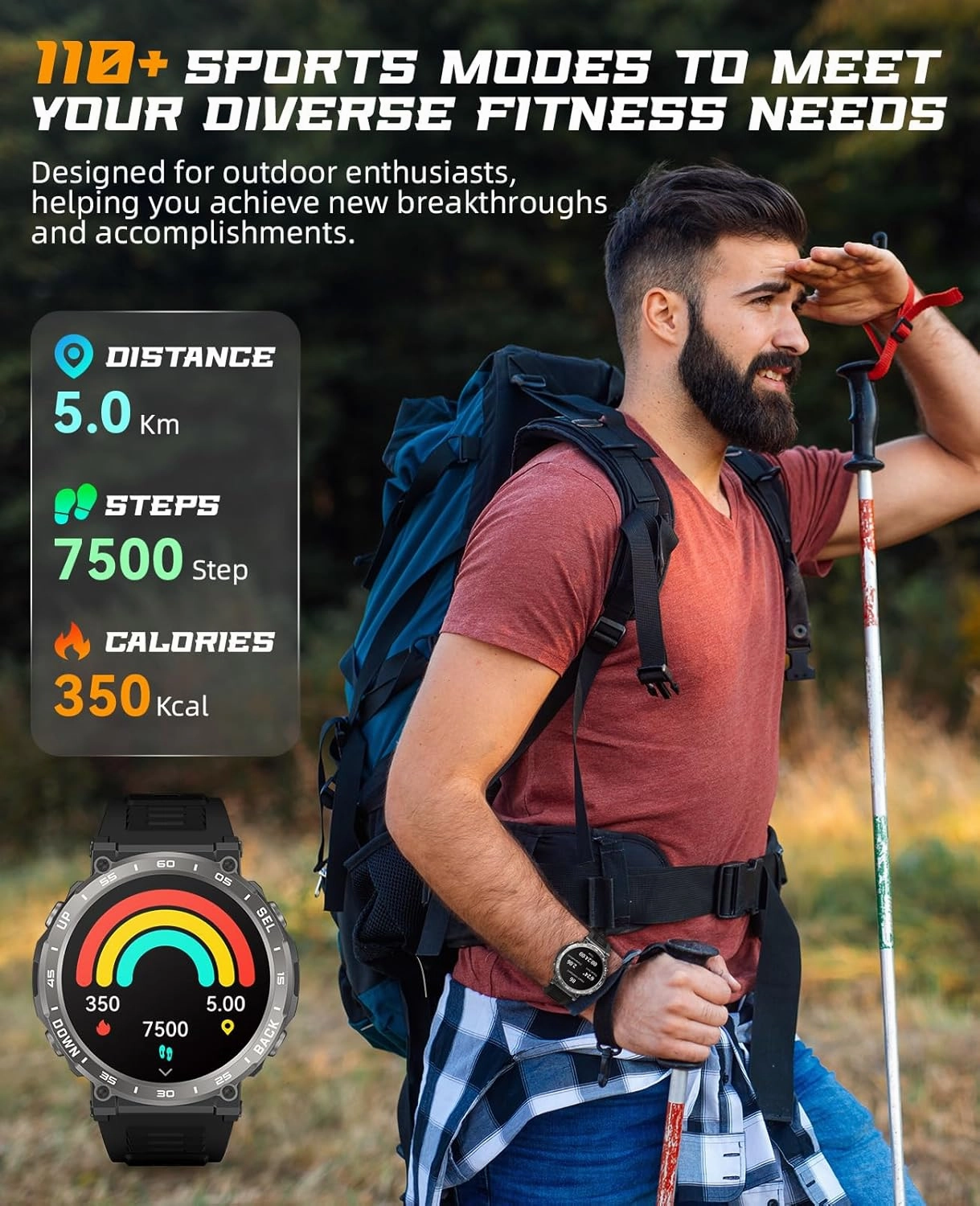 Military Smart Watches for Men - Answer/Make Calls, IP68 Waterproof Fitness Step Tracker Watch with Sleep Monitor/ 110  Sports Modes/Pedometer, Tactical Smartwatch for Android iPhone Samsung (Black)
